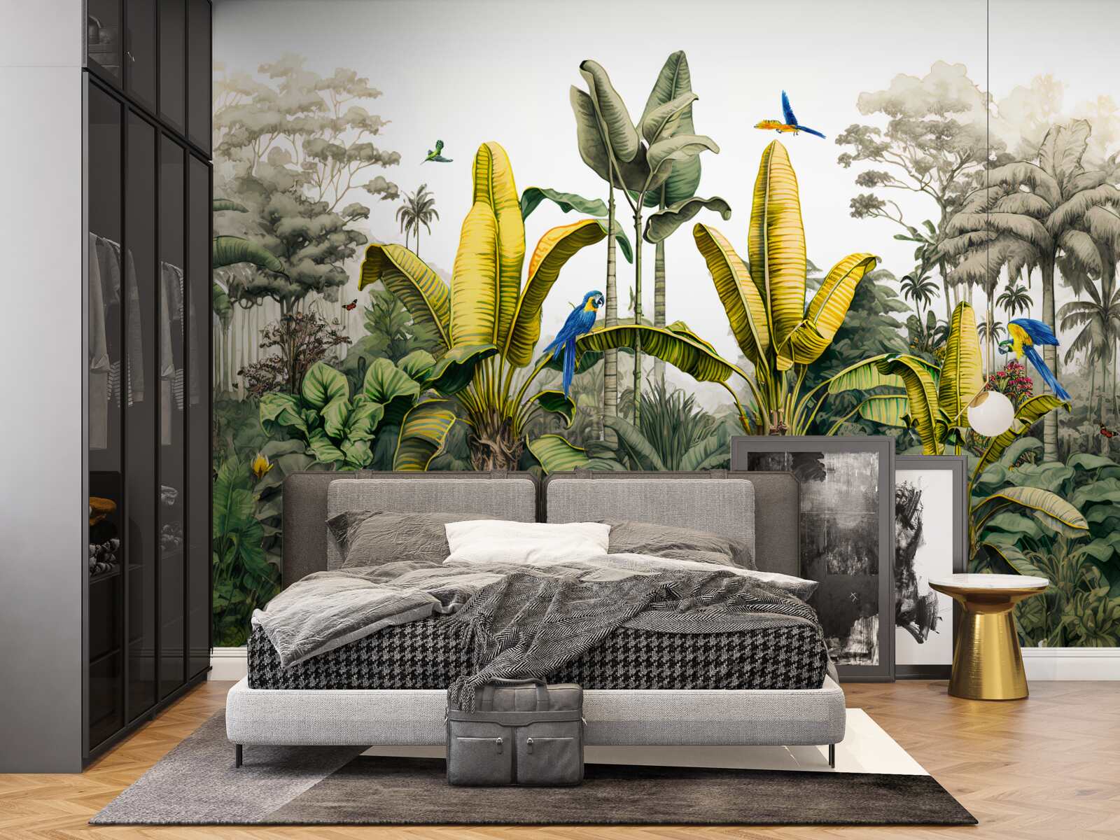 Fototapet frunze aurii de ferigă strălucesc în pădurea verde