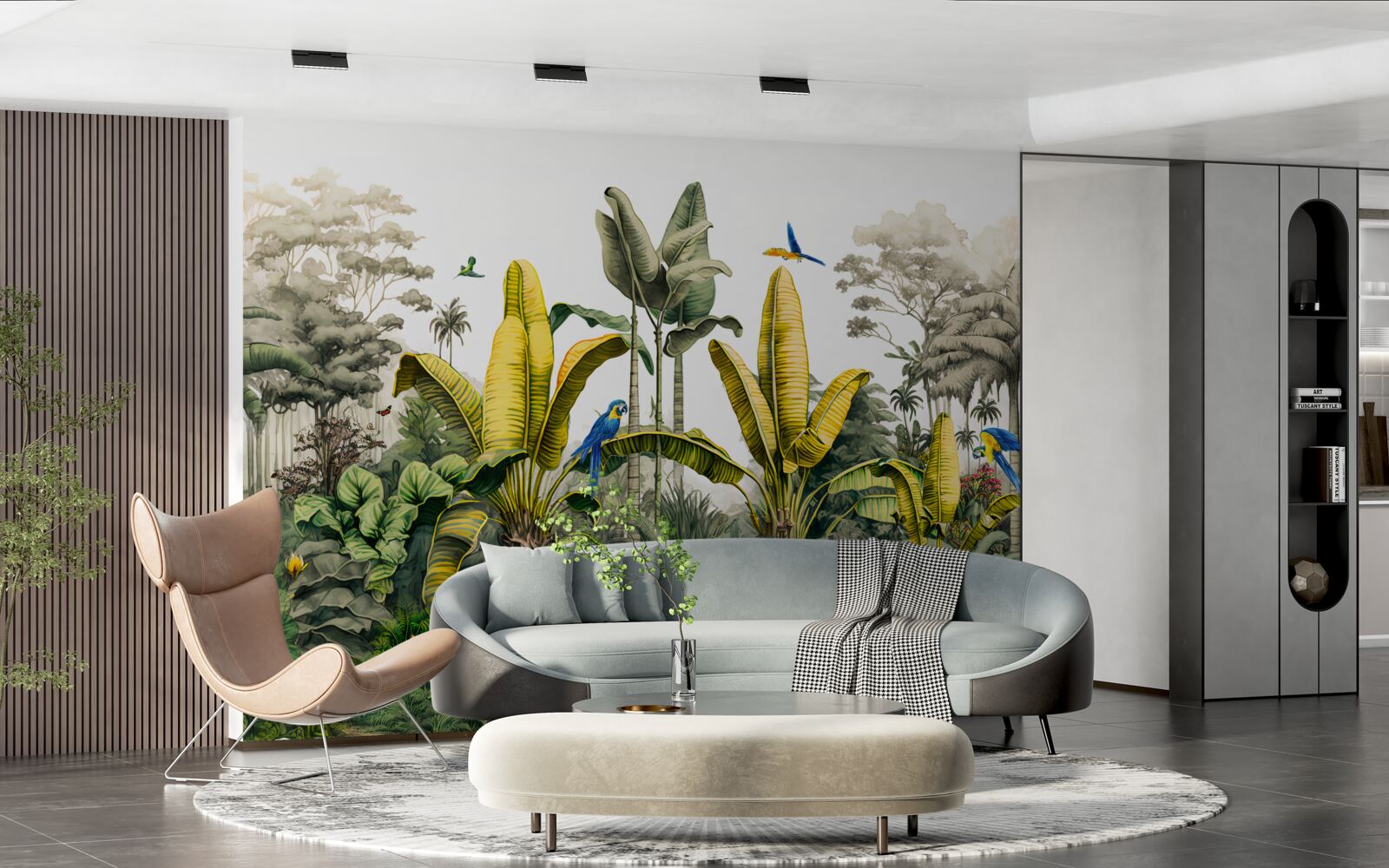 Fototapet frunze aurii de ferigă strălucesc în pădurea verde