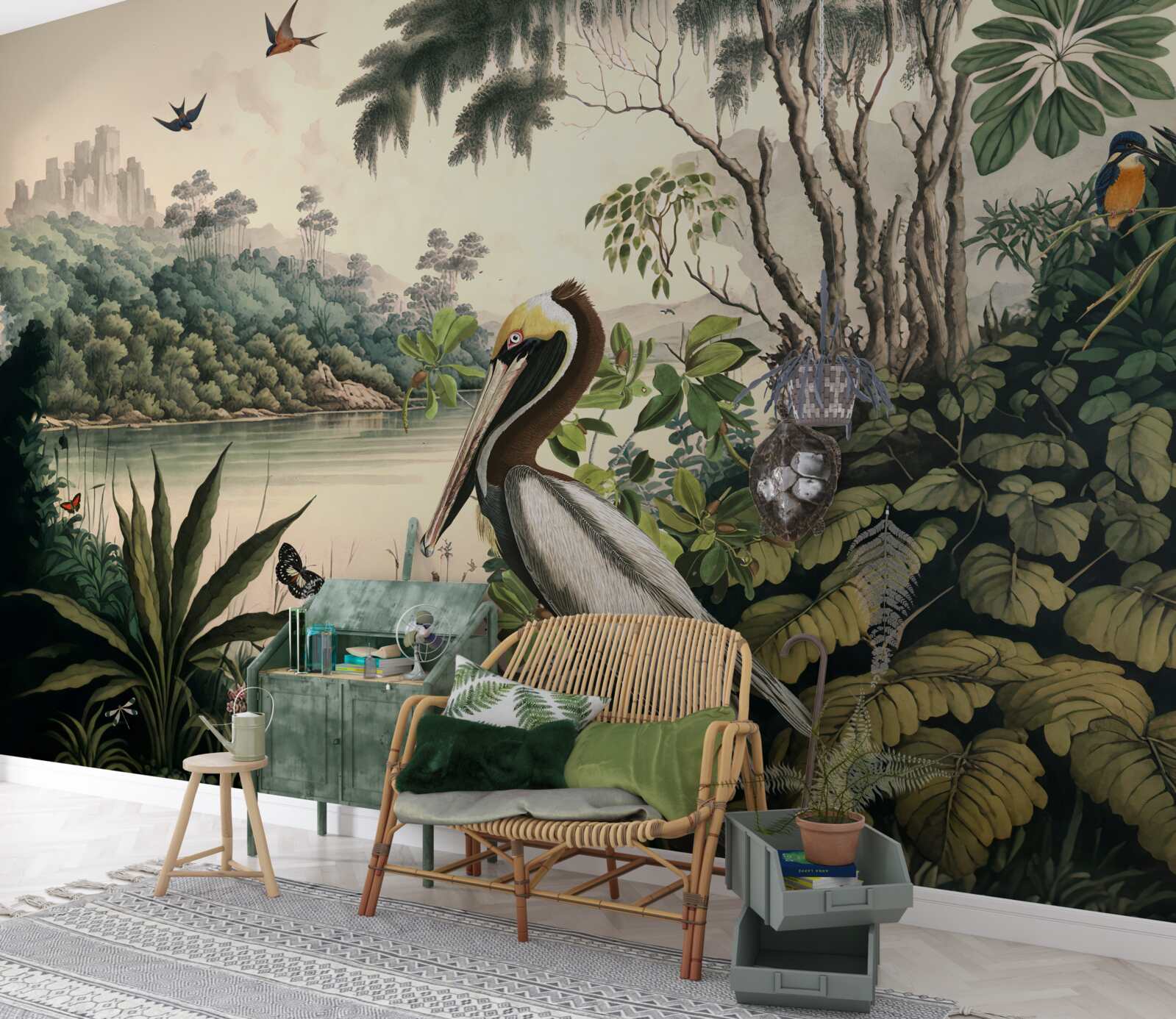 Fototapet pelicanul caută hrană în apele lacului