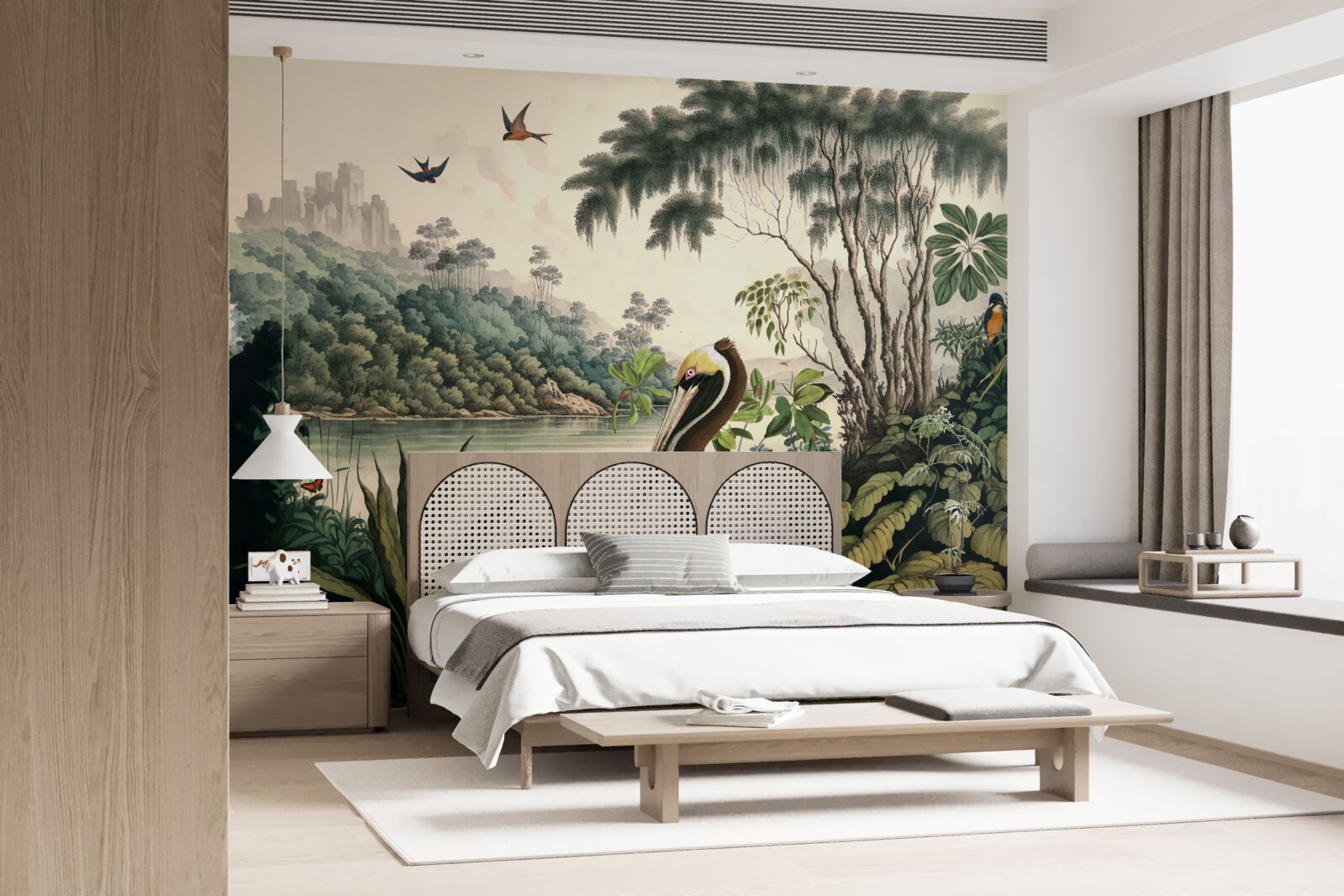 Fototapet pelicanul caută hrană în apele lacului