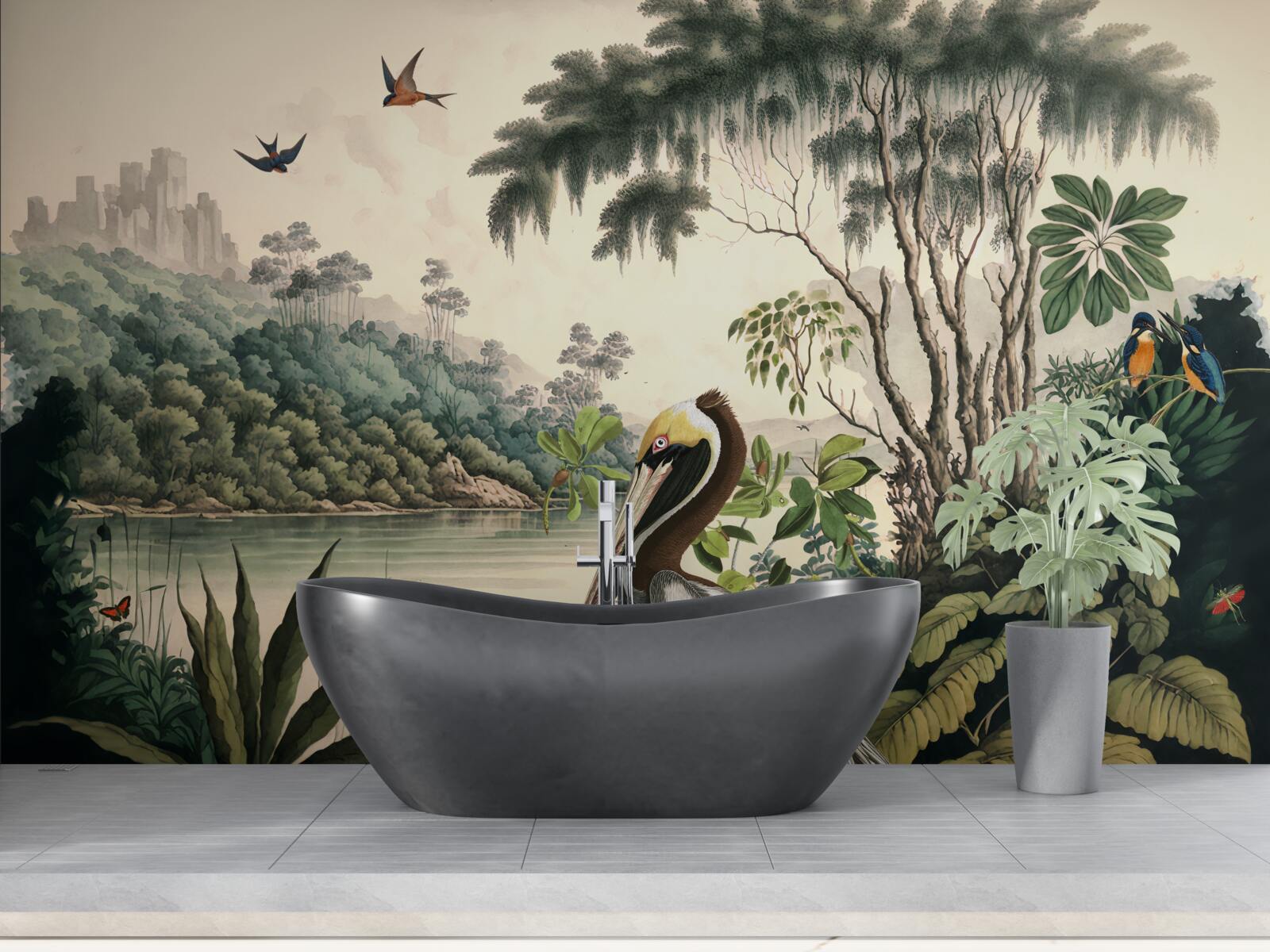 Fototapet pelicanul caută hrană în apele lacului