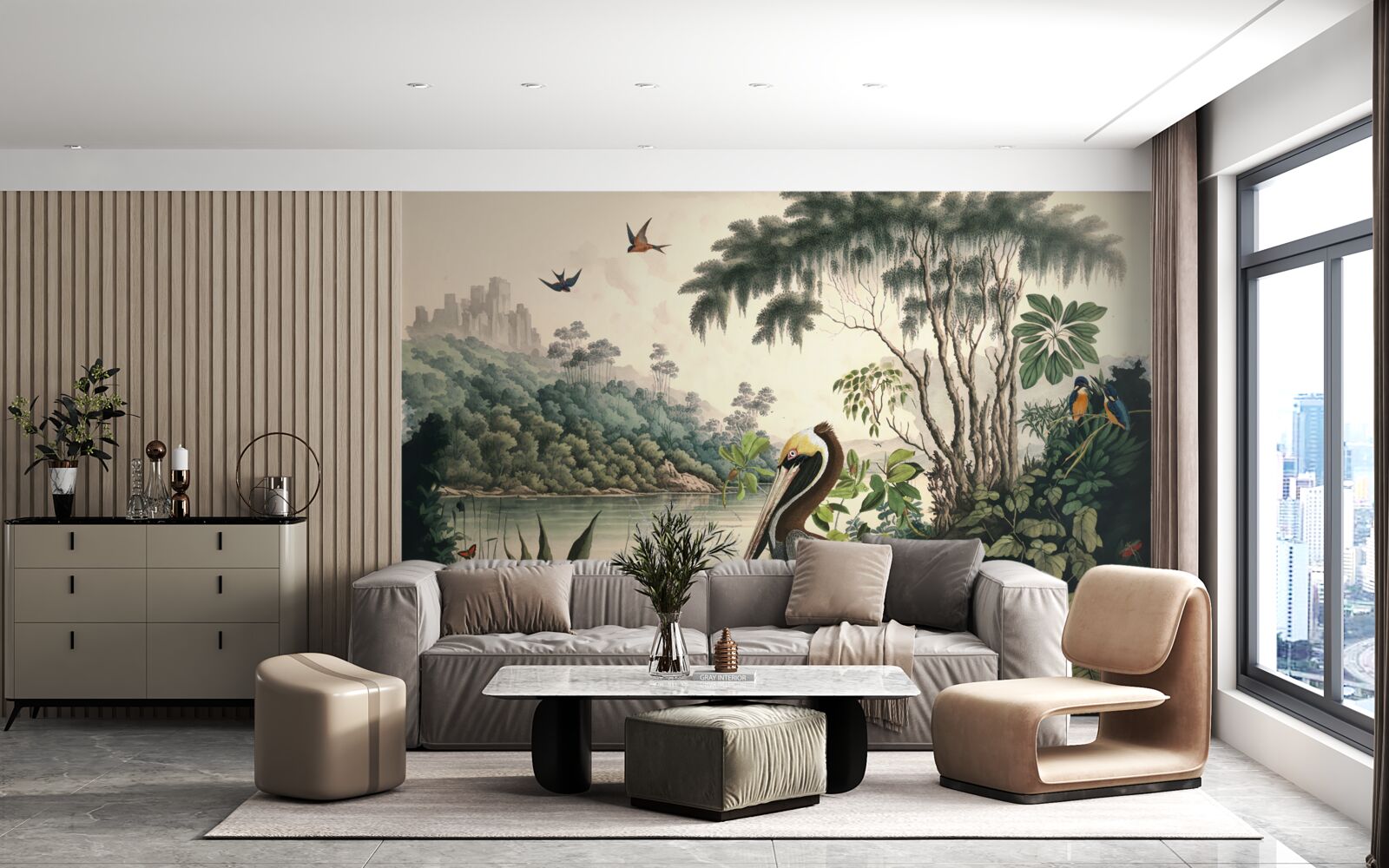 Fototapet pelicanul caută hrană în apele lacului