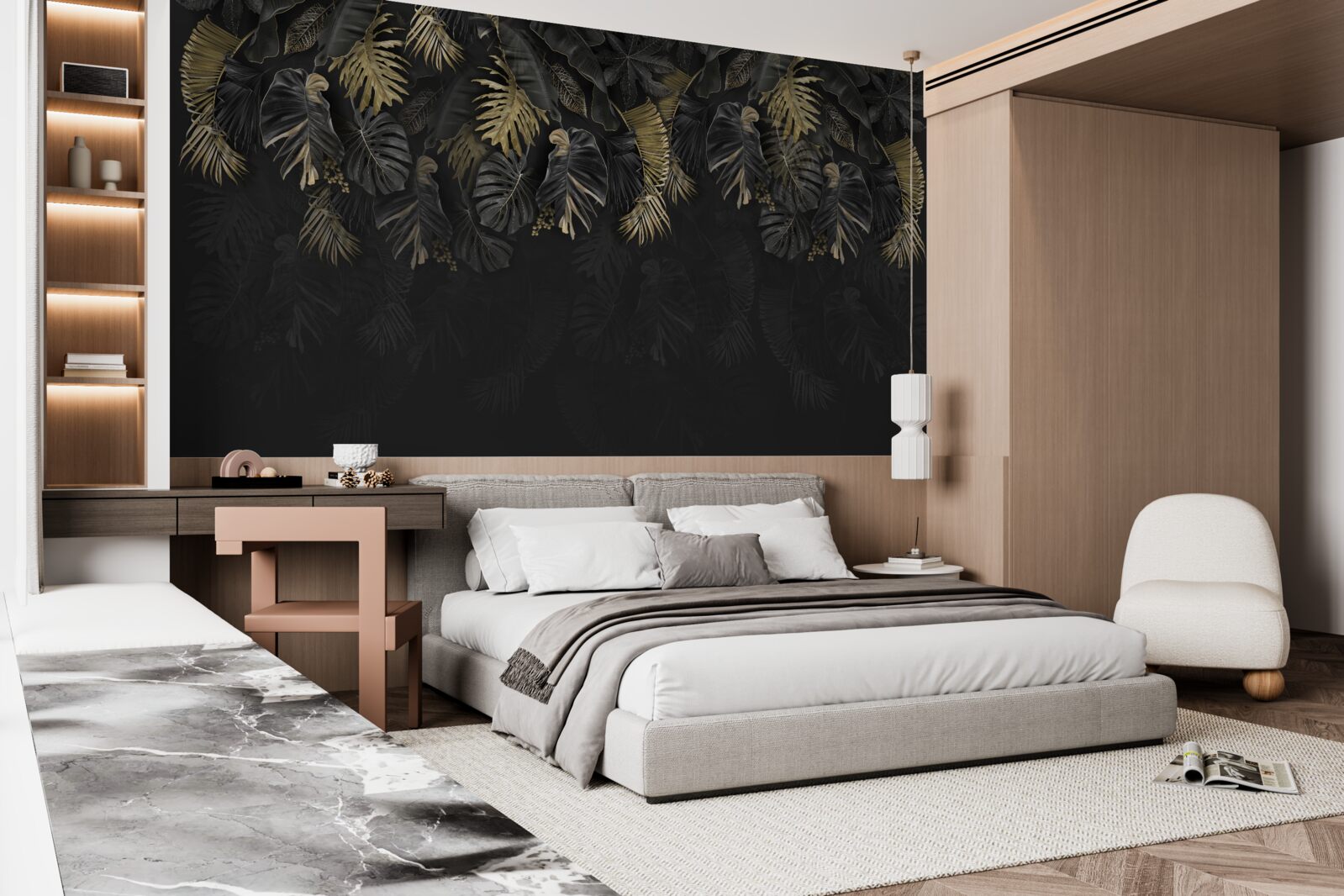 Fototapet ferigă de noapte, pictată în nuanțe de auriu și verde