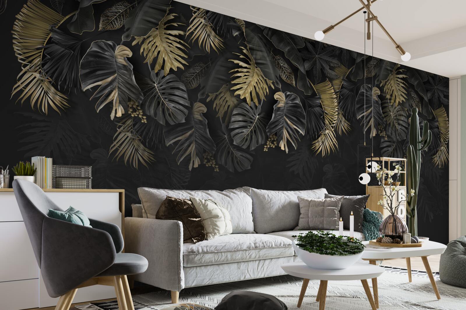 Fototapet ferigă de noapte, pictată în nuanțe de auriu și verde