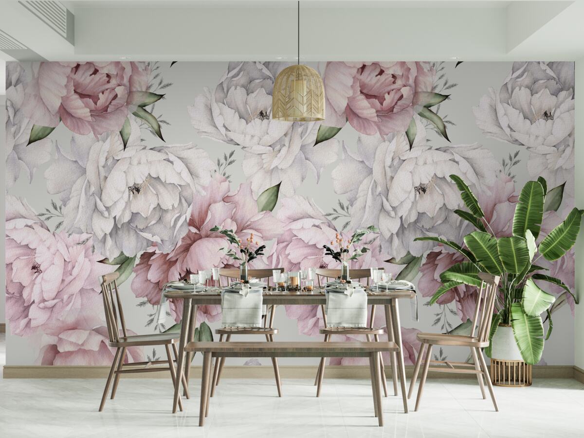 Fototapet bujori frumoși în nuanțe de alb și roz