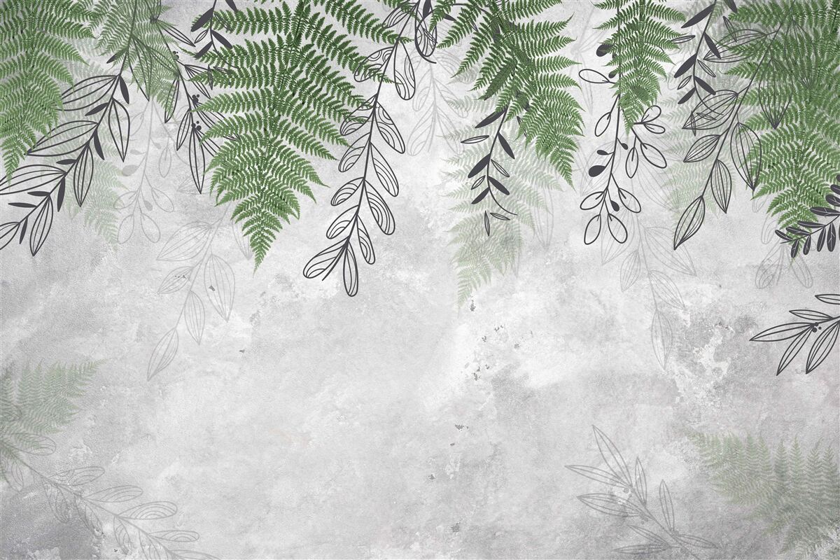 Fototapet frunze de ferigă în verde pe un fundal gri