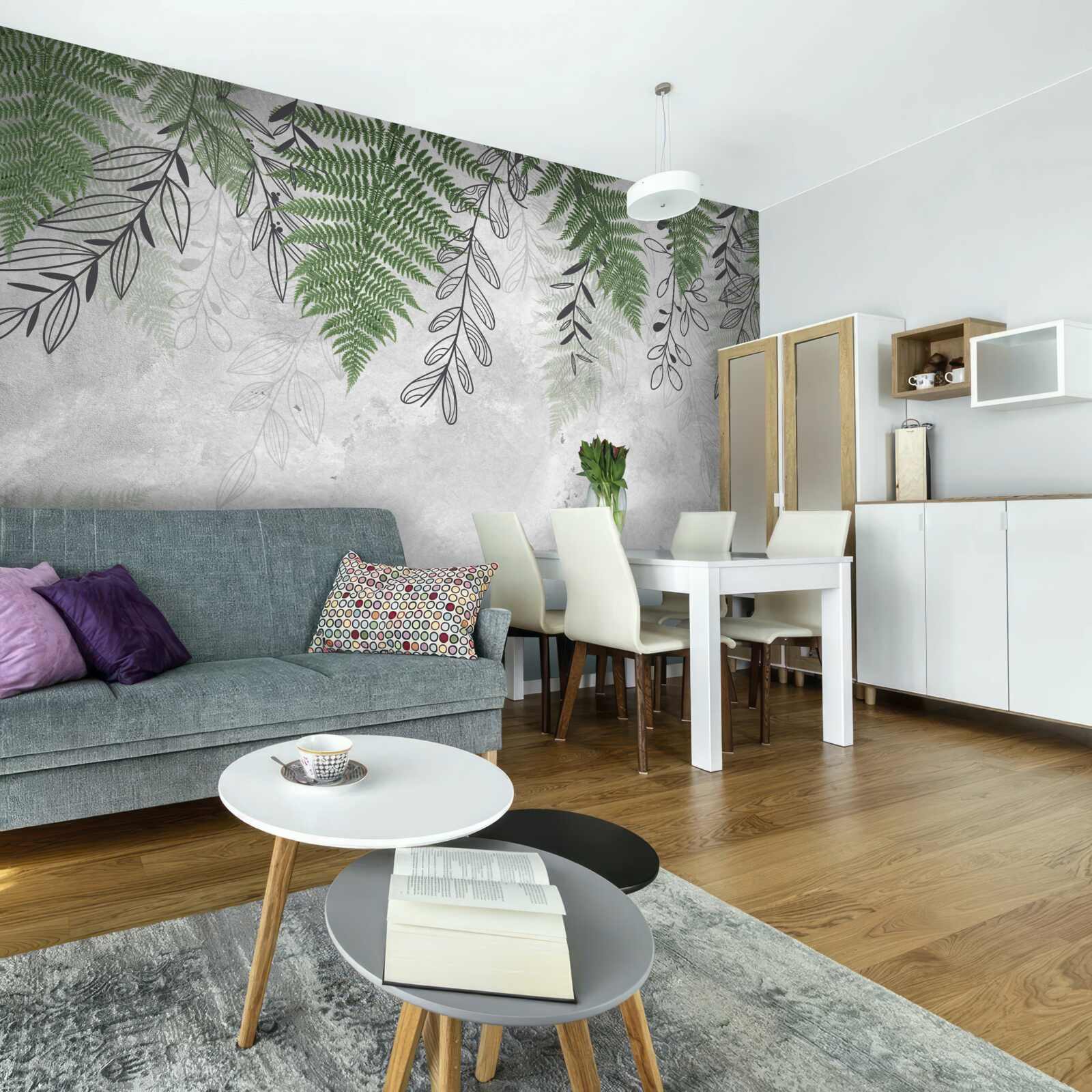 Fototapet frunze de ferigă în verde pe un fundal gri