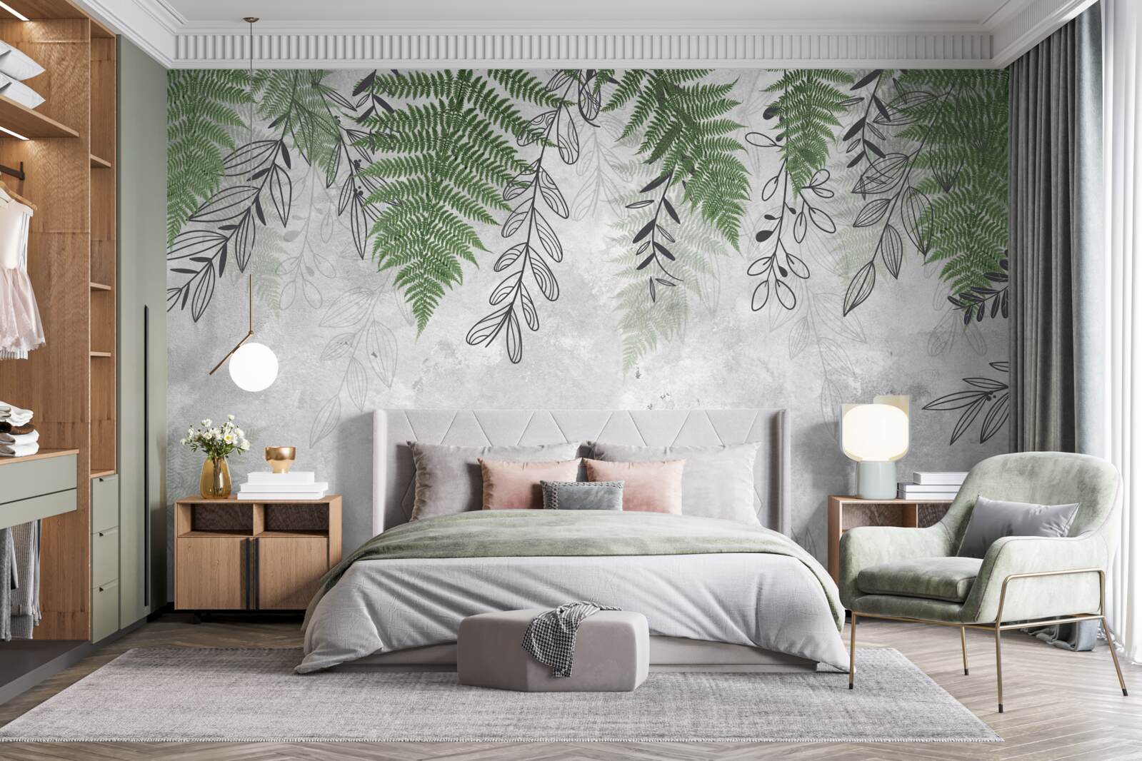 Fototapet frunze de ferigă în verde pe un fundal gri