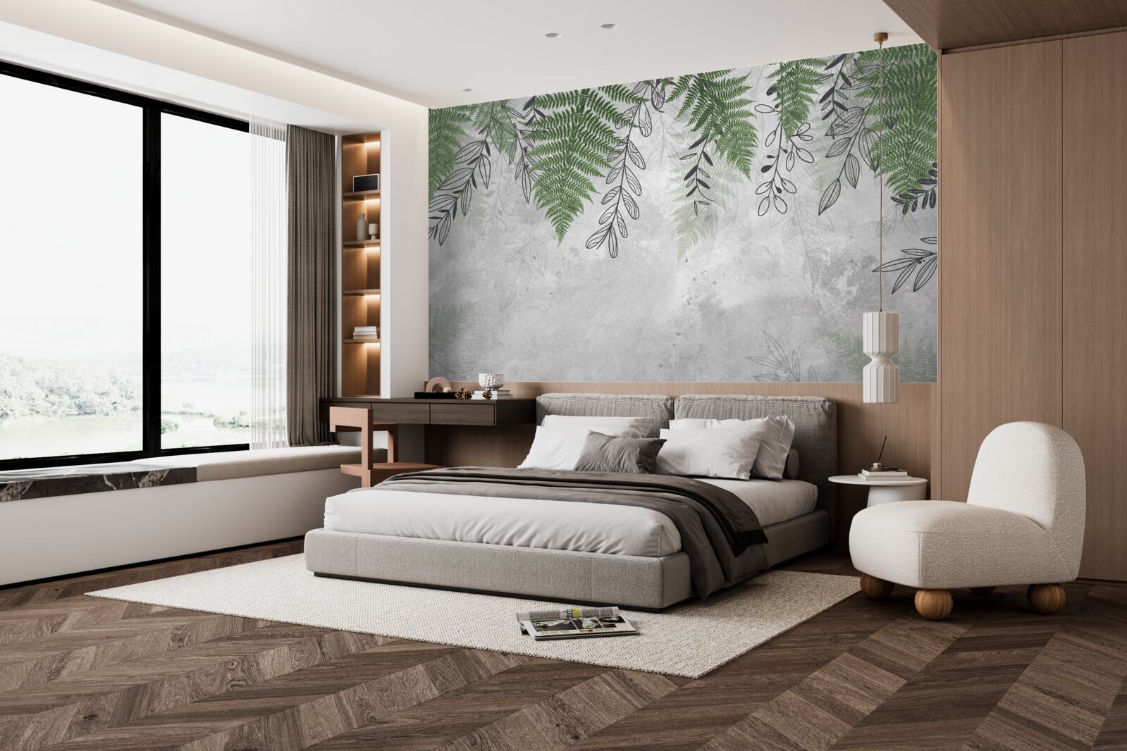 Fototapet frunze de ferigă în verde pe un fundal gri