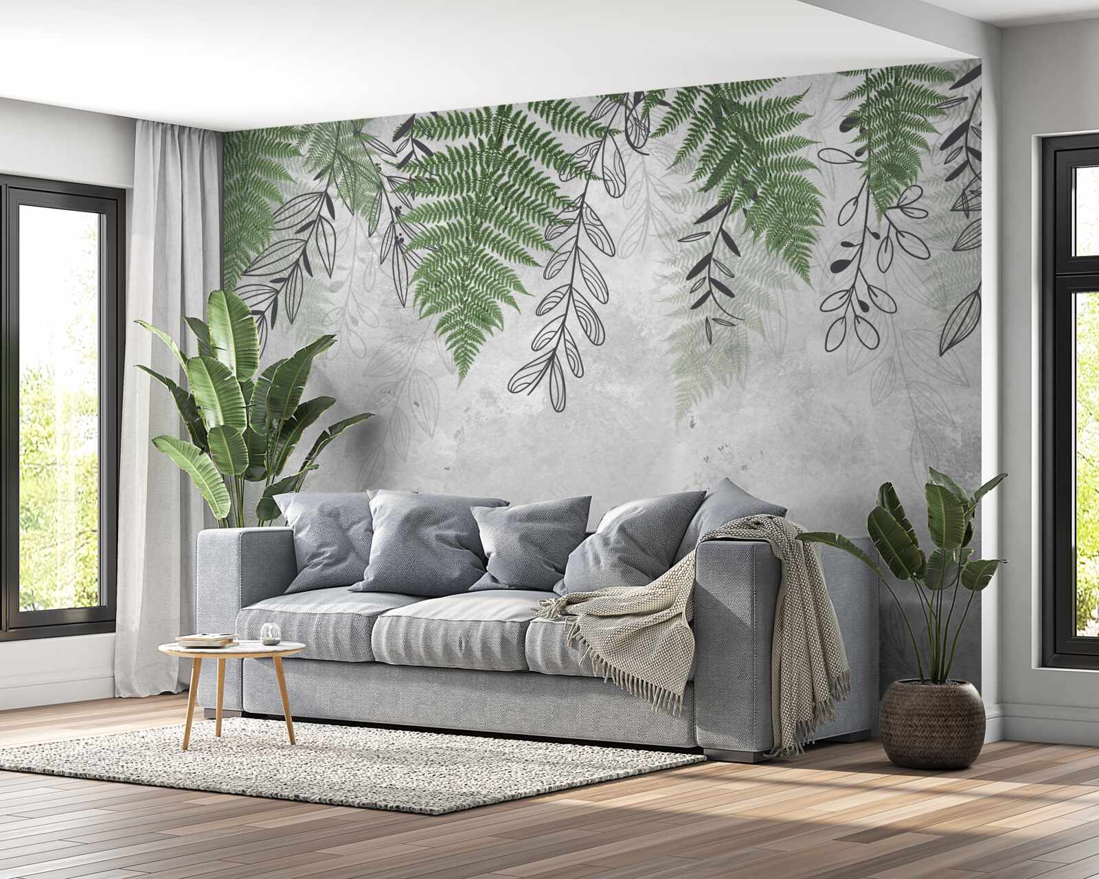 Fototapet frunze de ferigă în verde pe un fundal gri