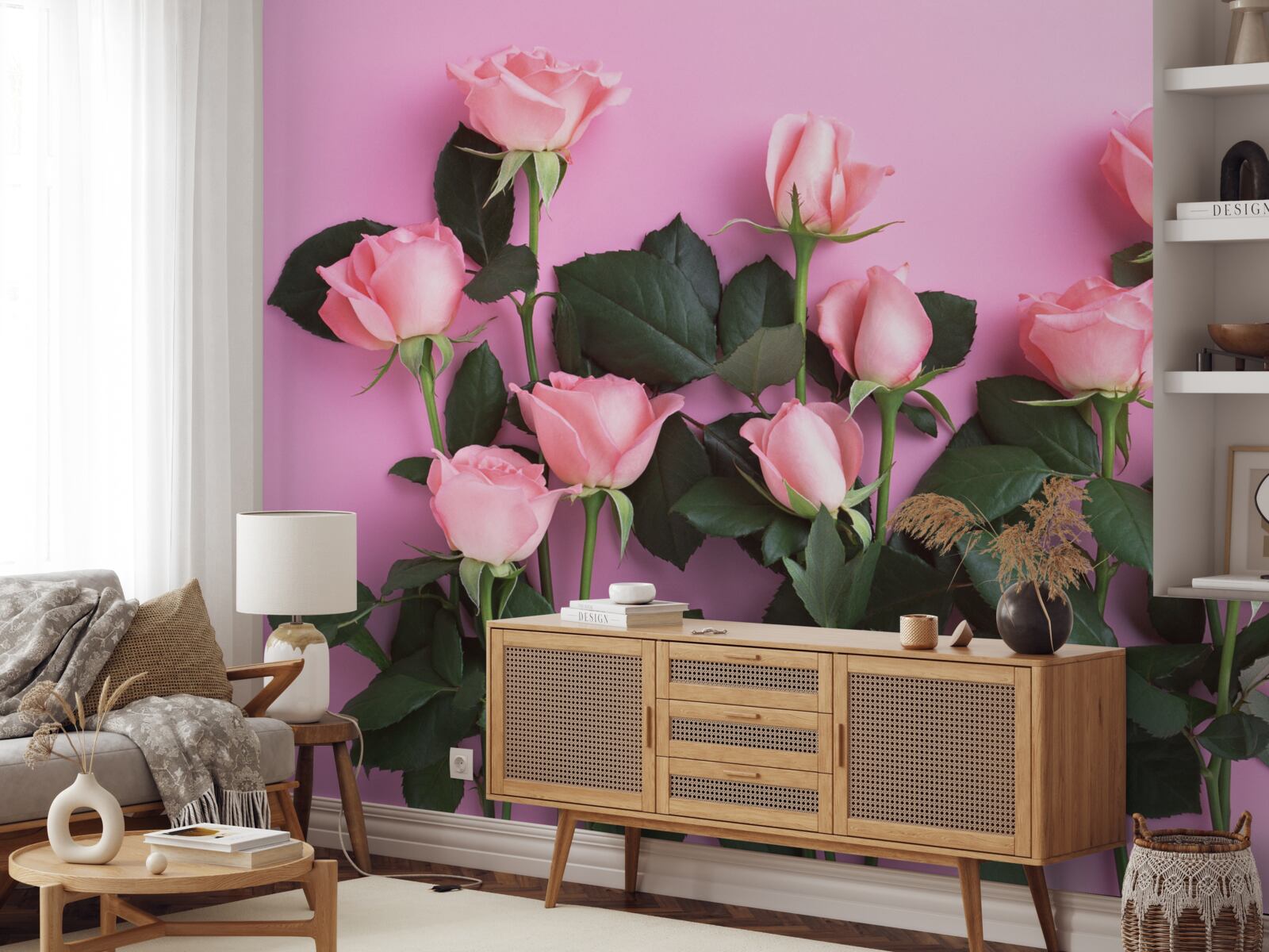 Fototapet trandafiri roz delicat pe un fundal roz solid