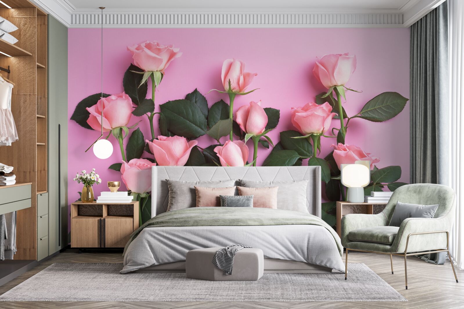 Fototapet trandafiri roz delicat pe un fundal roz solid
