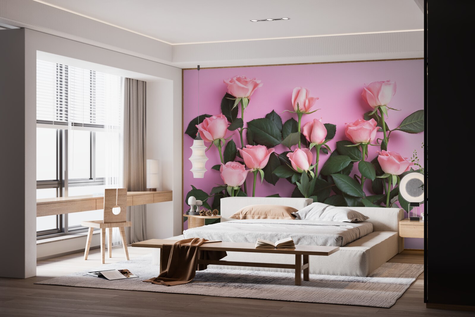 Fototapet trandafiri roz delicat pe un fundal roz solid