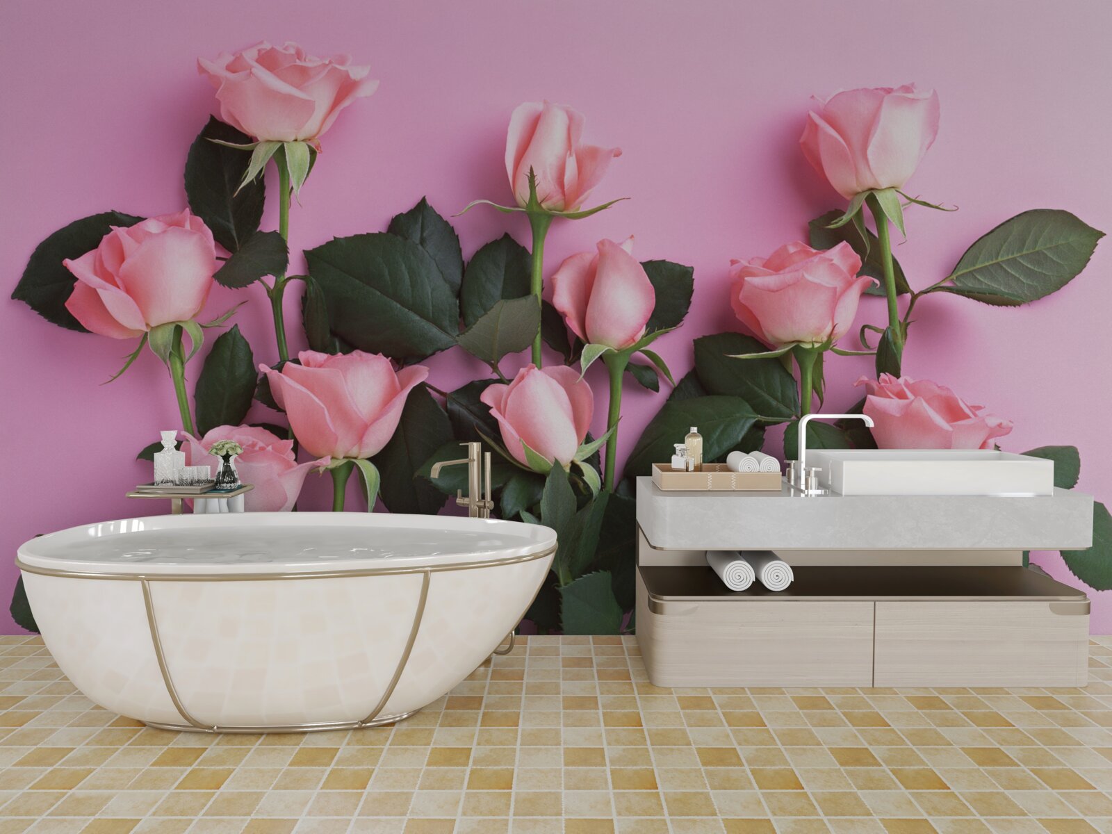 Fototapet trandafiri roz delicat pe un fundal roz solid