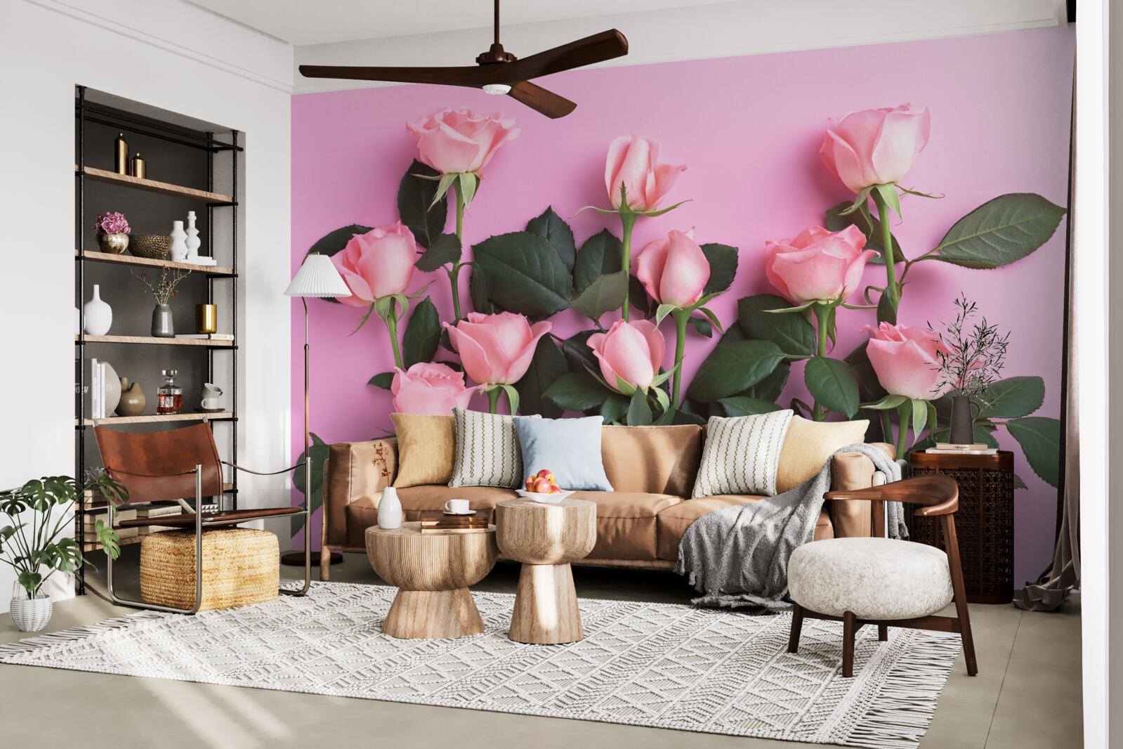 Fototapet trandafiri roz delicat pe un fundal roz solid