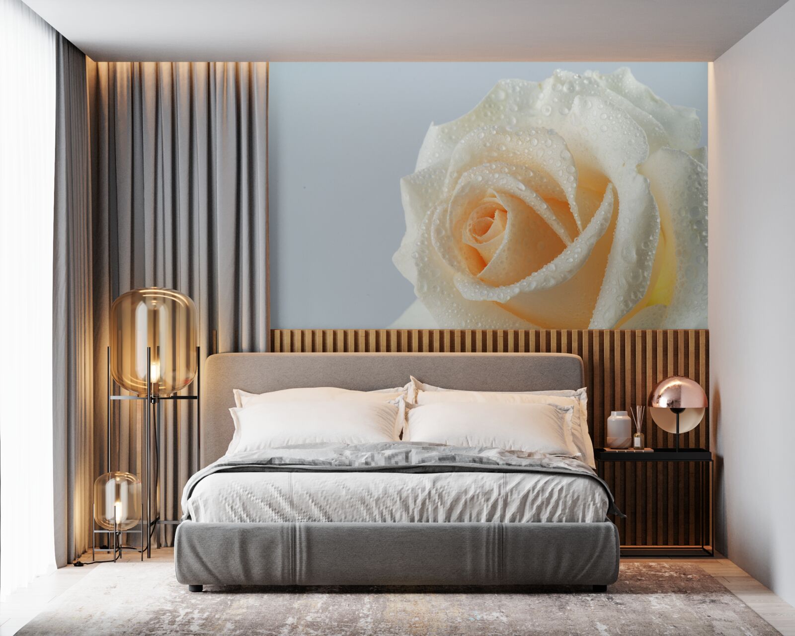 Fototapet picături de apă pe o floare cremoasă de trandafir