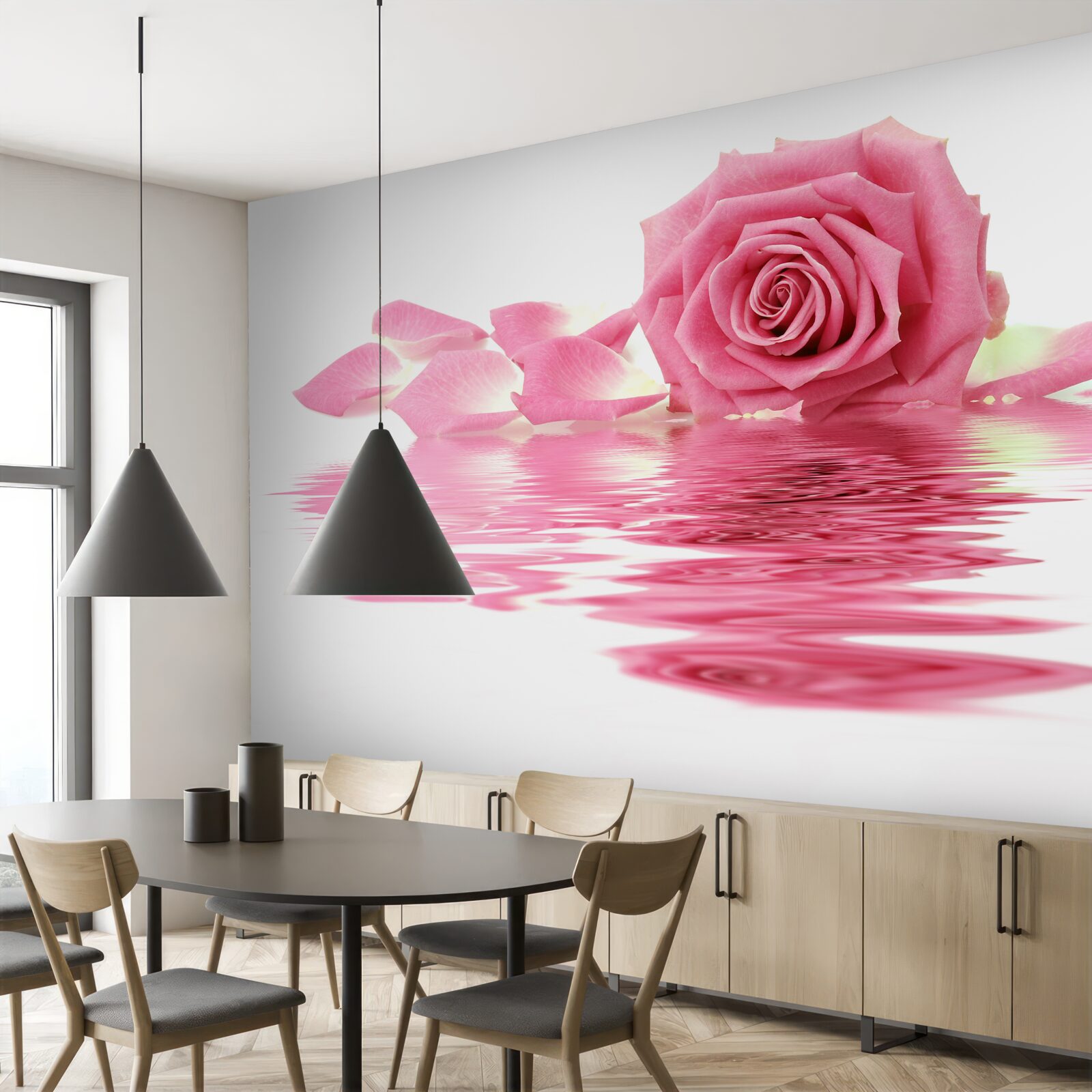 Fototapet reflexia unui trandafir roz în apă