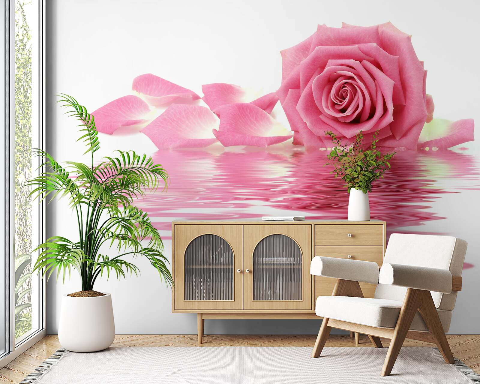 Fototapet reflexia unui trandafir roz în apă