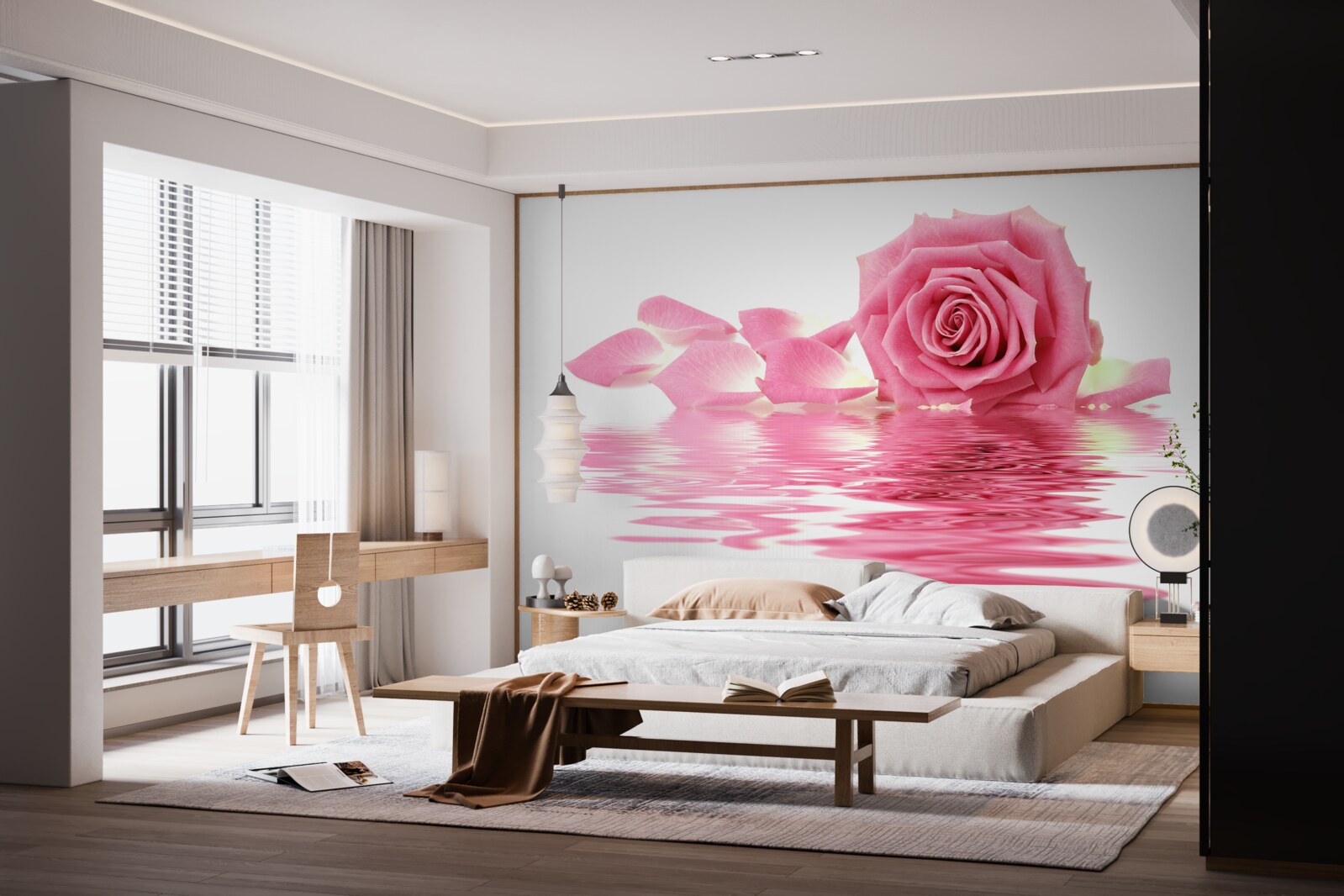 Fototapet reflexia unui trandafir roz în apă