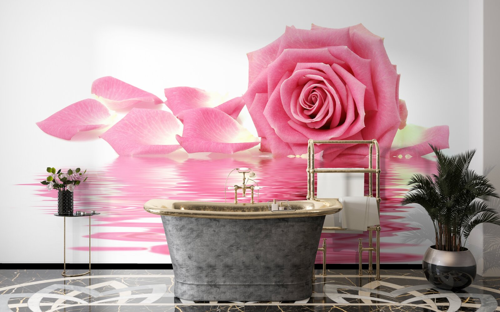 Fototapet reflexia unui trandafir roz în apă