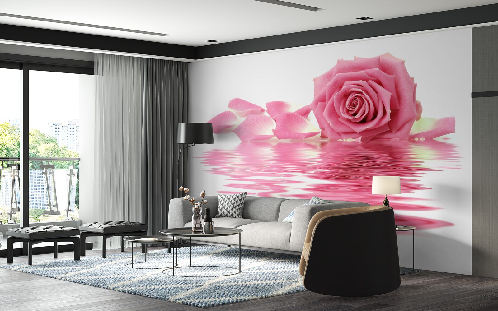 Fototapet reflexia unui trandafir roz în apă