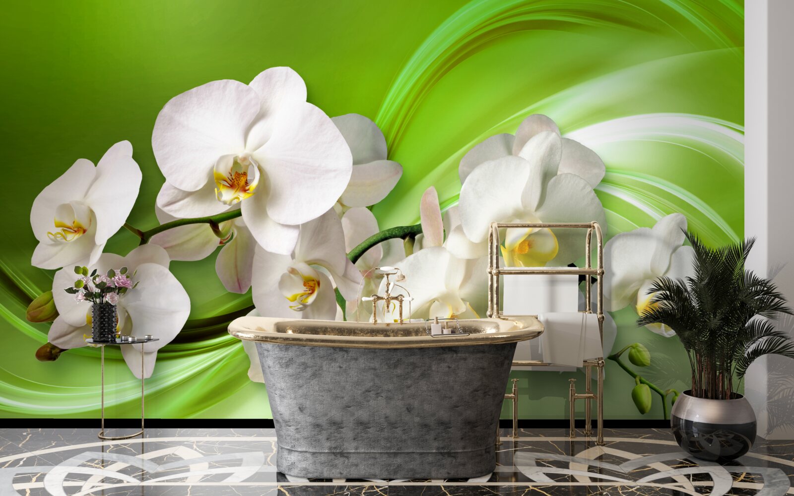 Fototapet orhidee albe pe o ramură pe un fundal verde