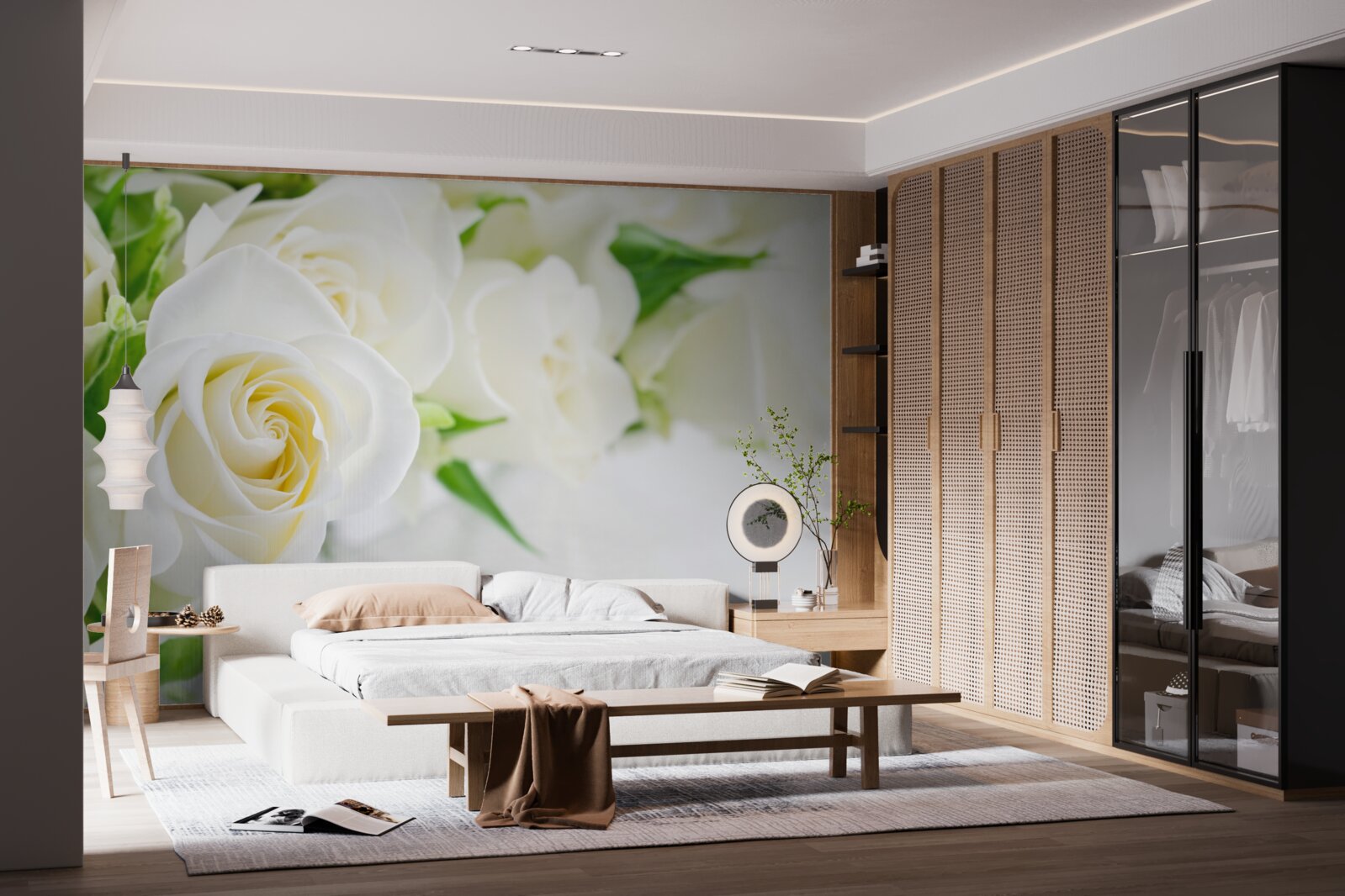 Fototapet trandafir alb pe un fundal alb ca zăpada