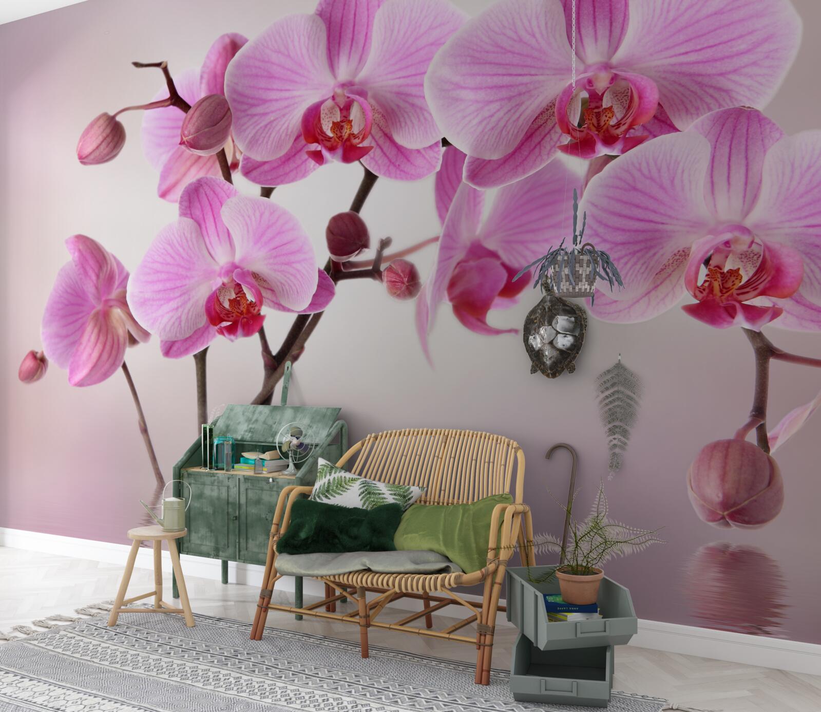 Fototapet deasupra apei atârnă ramurile unei orhidee liliachii
