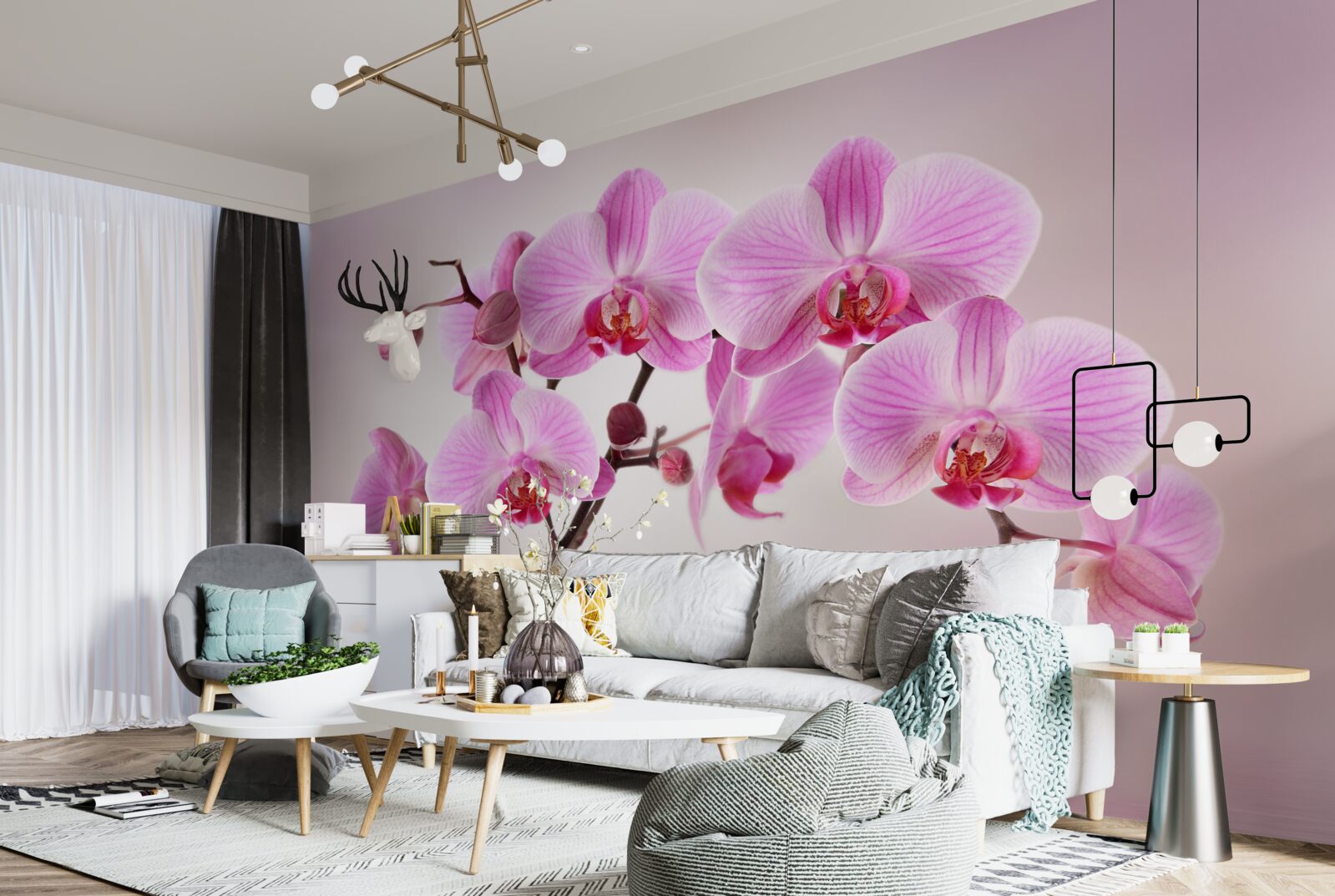 Fototapet deasupra apei atârnă ramurile unei orhidee liliachii