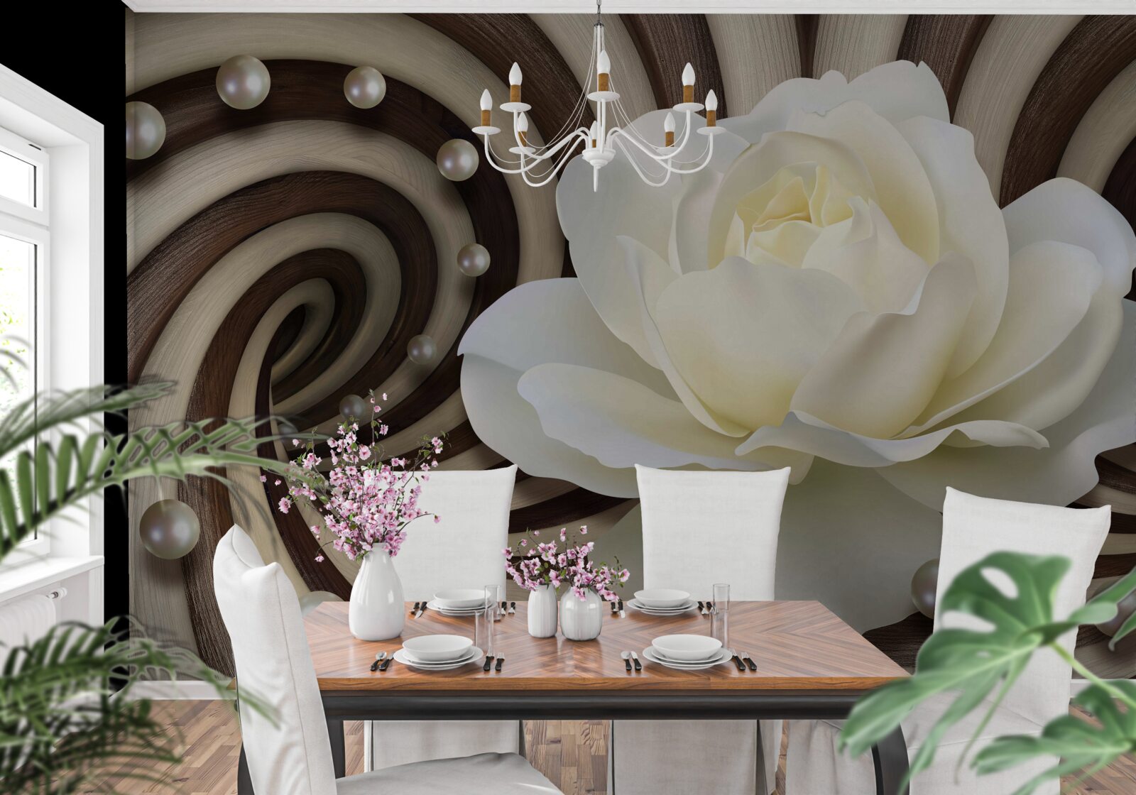 Fototapet trandafirul este alb cu decorațiuni și bucle de perle