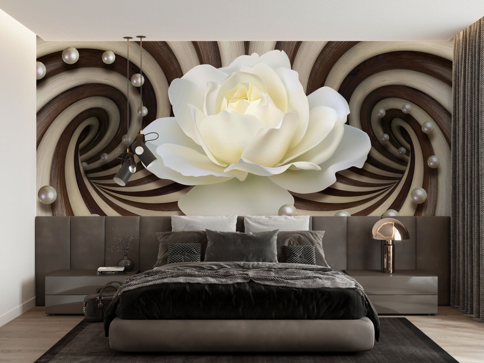 Fototapet trandafirul este alb cu decorațiuni și bucle de perle