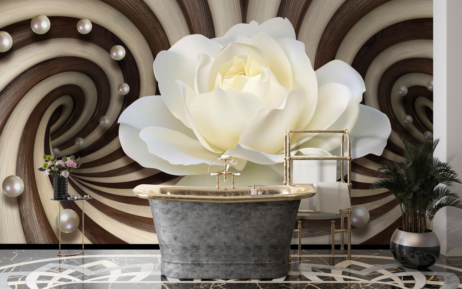 Fototapet trandafirul este alb cu decorațiuni și bucle de perle