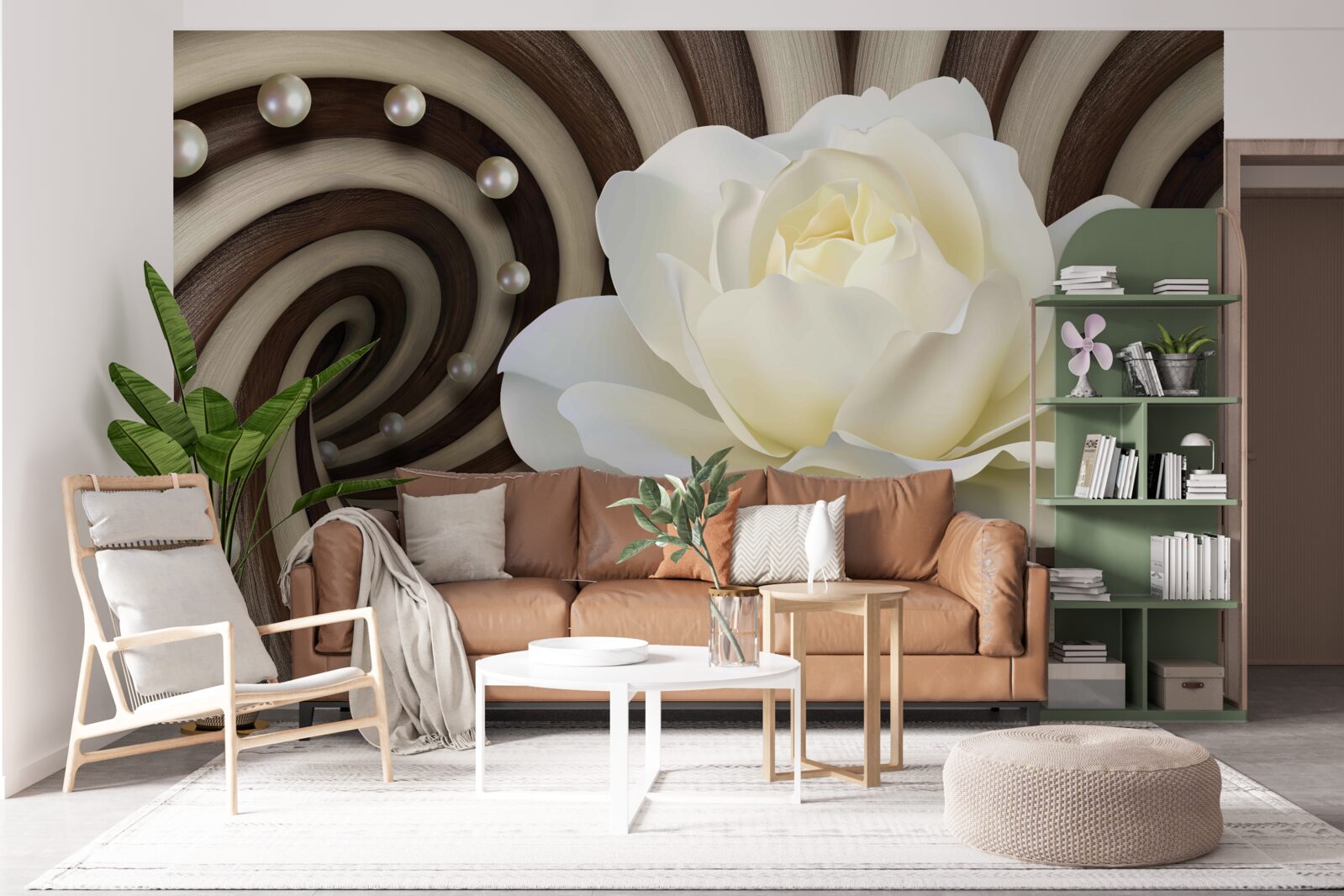 Fototapet trandafirul este alb cu decorațiuni și bucle de perle