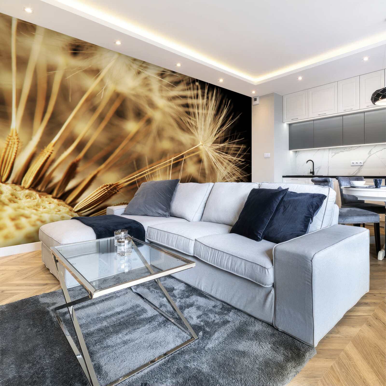 Fototapet florile de păpădie sunt albe pe un fundal negru