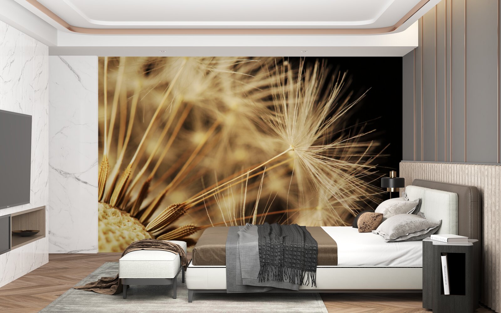 Fototapet florile de păpădie sunt albe pe un fundal negru