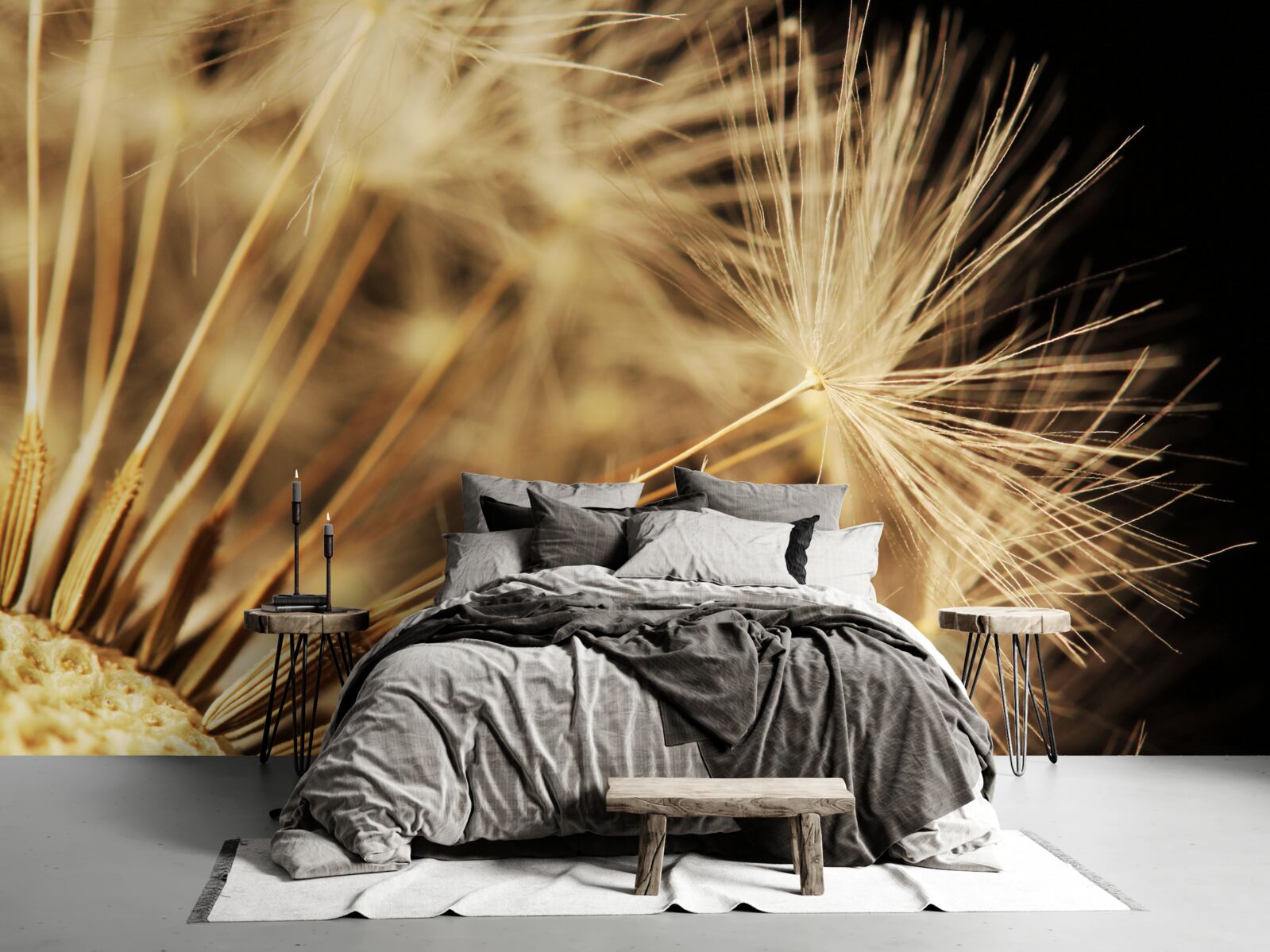 Fototapet florile de păpădie sunt albe pe un fundal negru