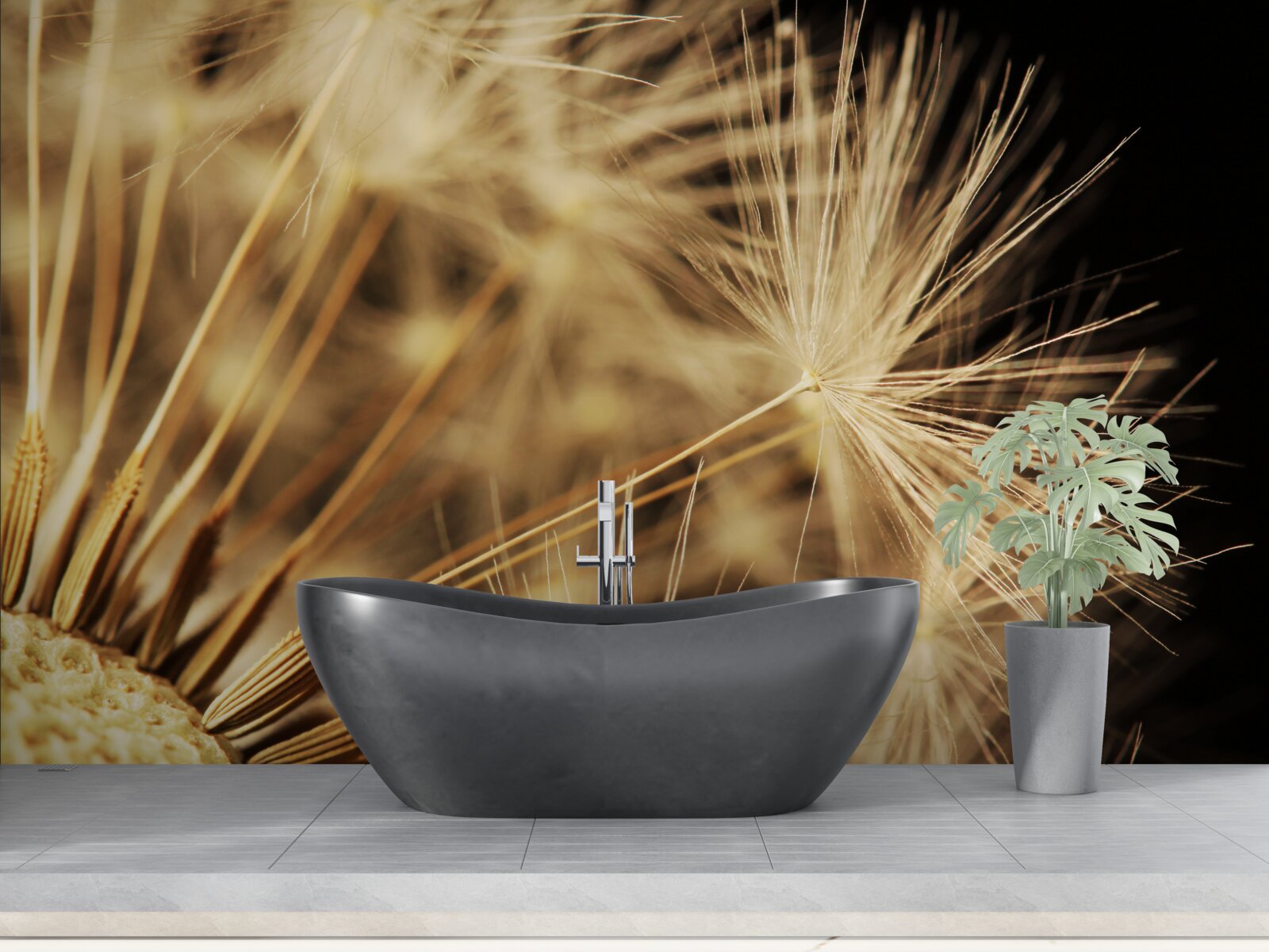 Fototapet florile de păpădie sunt albe pe un fundal negru