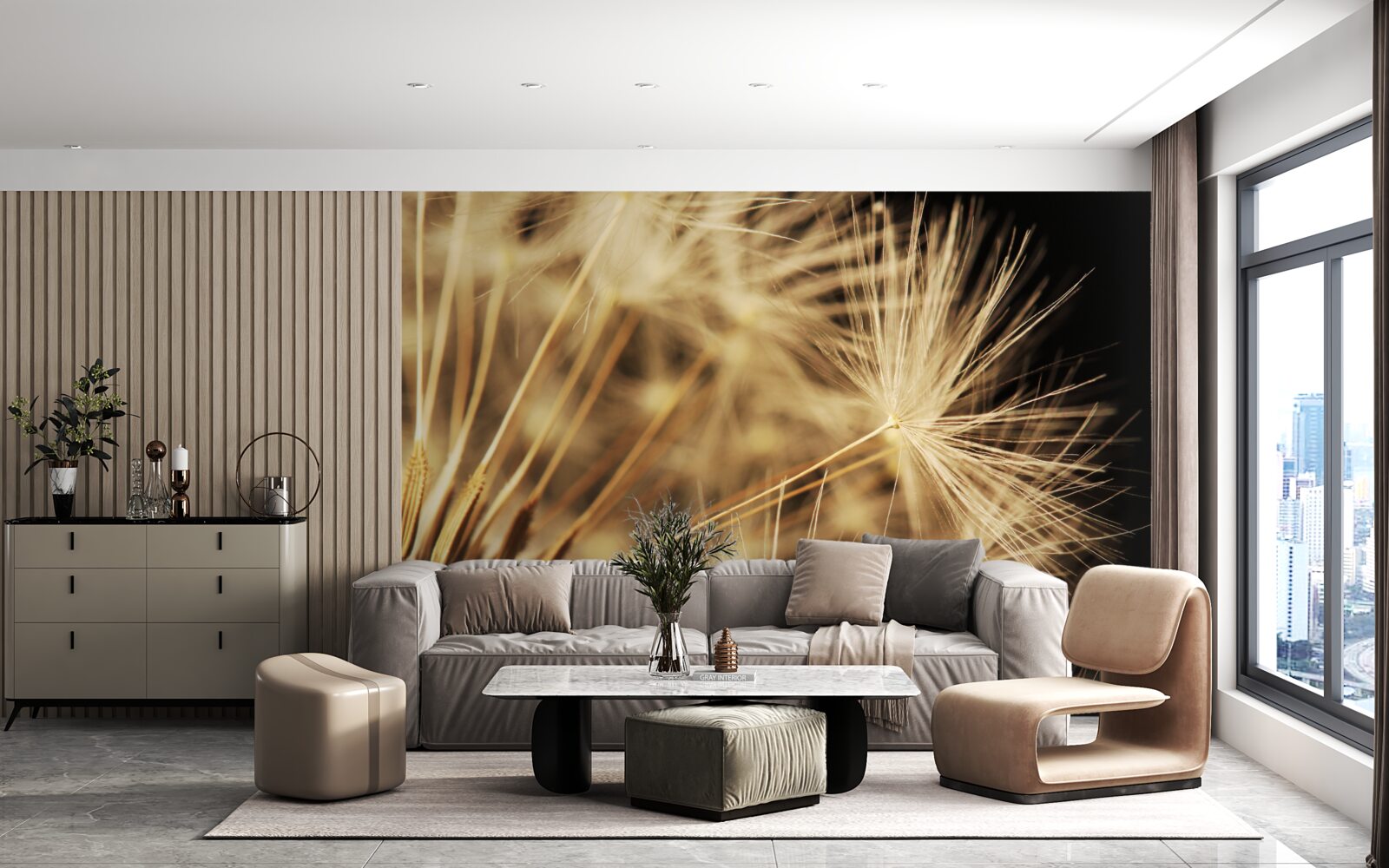 Fototapet florile de păpădie sunt albe pe un fundal negru