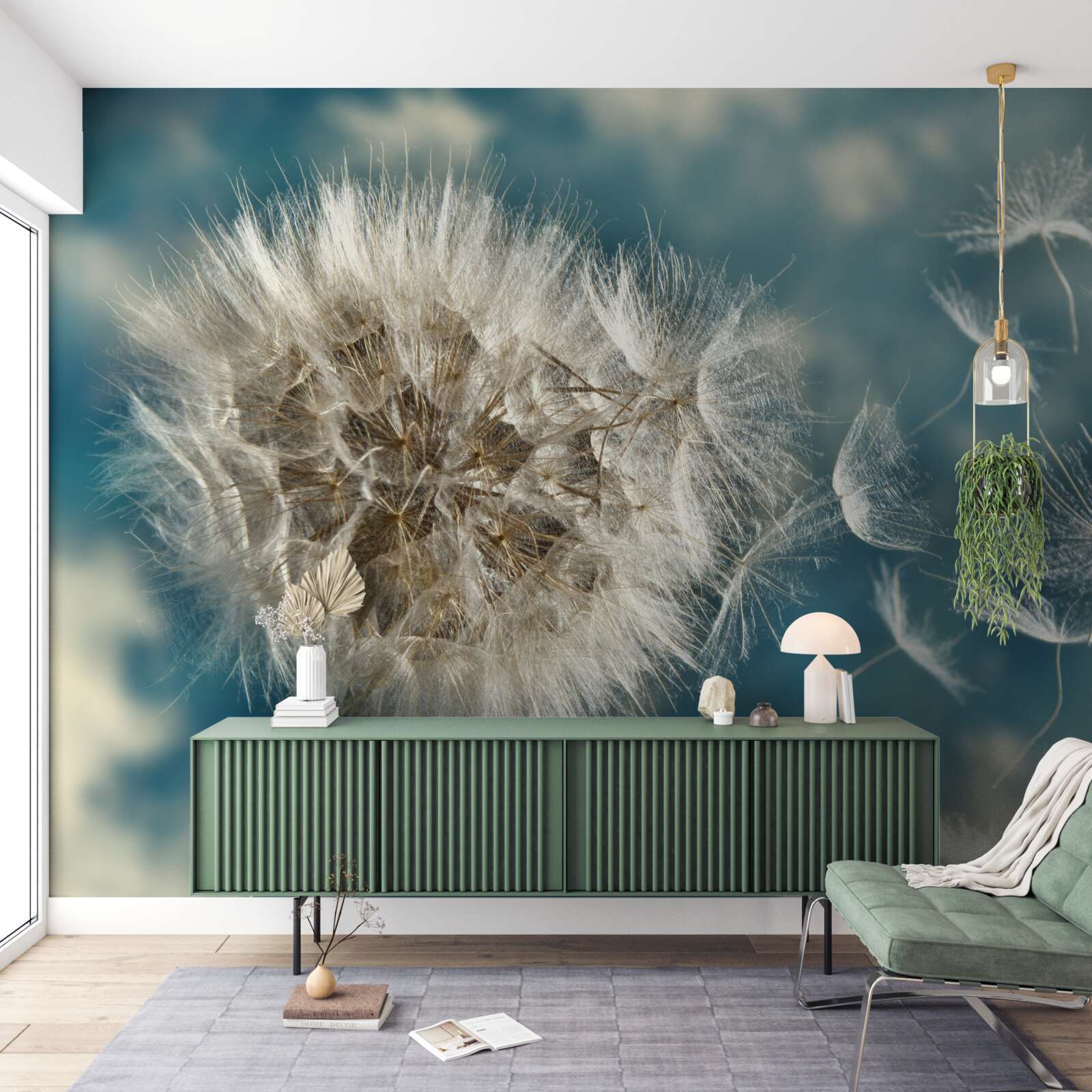 Fototapet zbor de semințe de păpădie plutind în aer