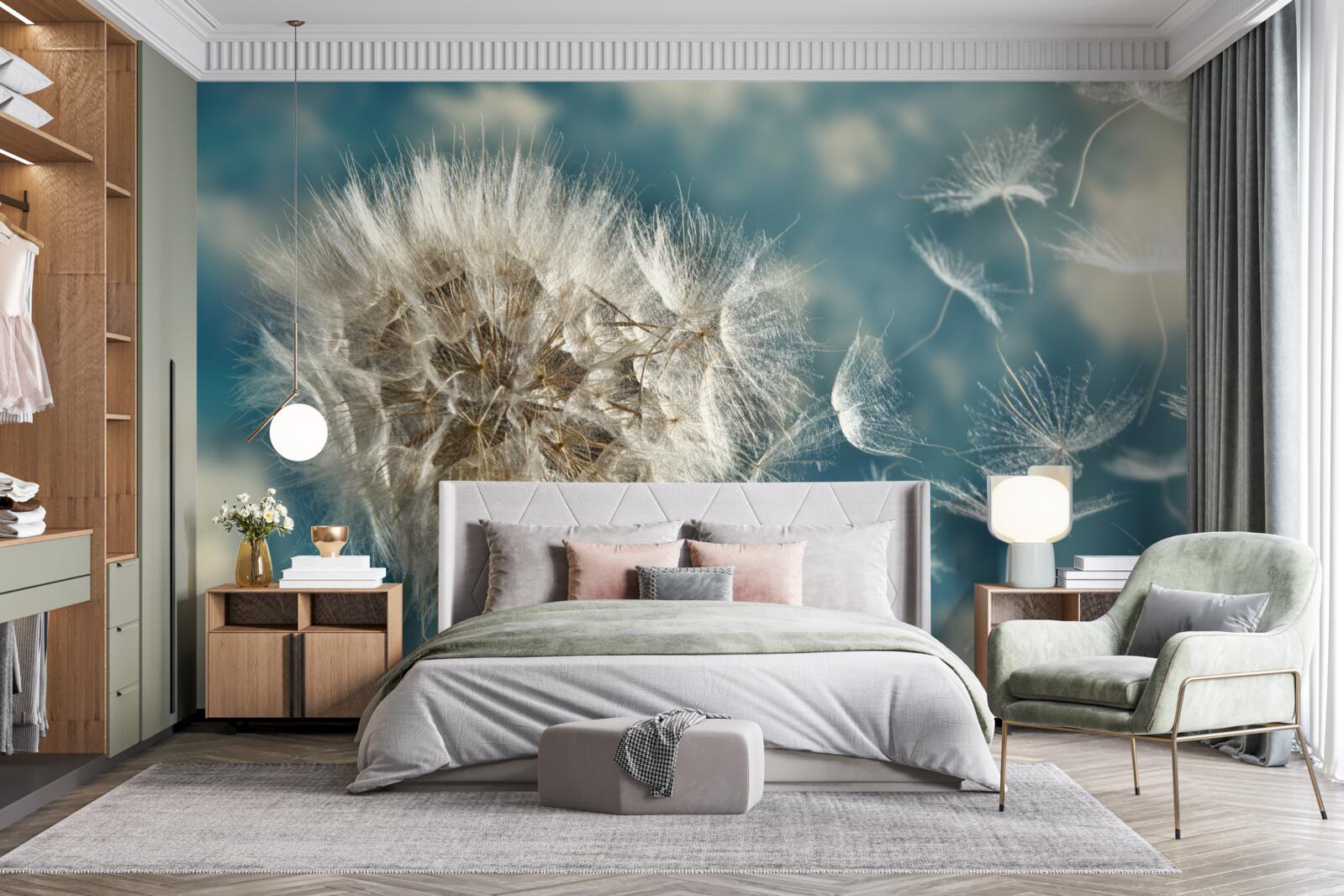 Fototapet zbor de semințe de păpădie plutind în aer