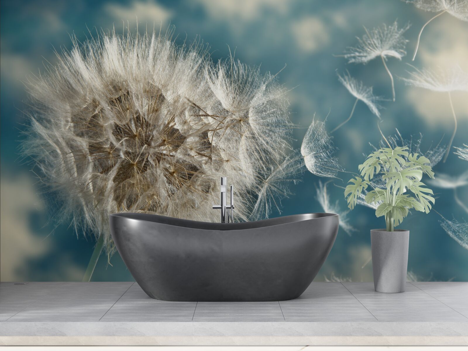 Fototapet zbor de semințe de păpădie plutind în aer