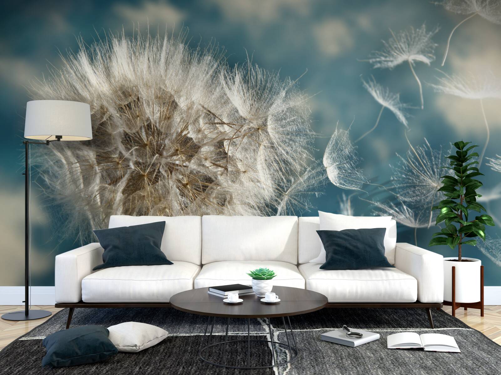 Fototapet zbor de semințe de păpădie plutind în aer