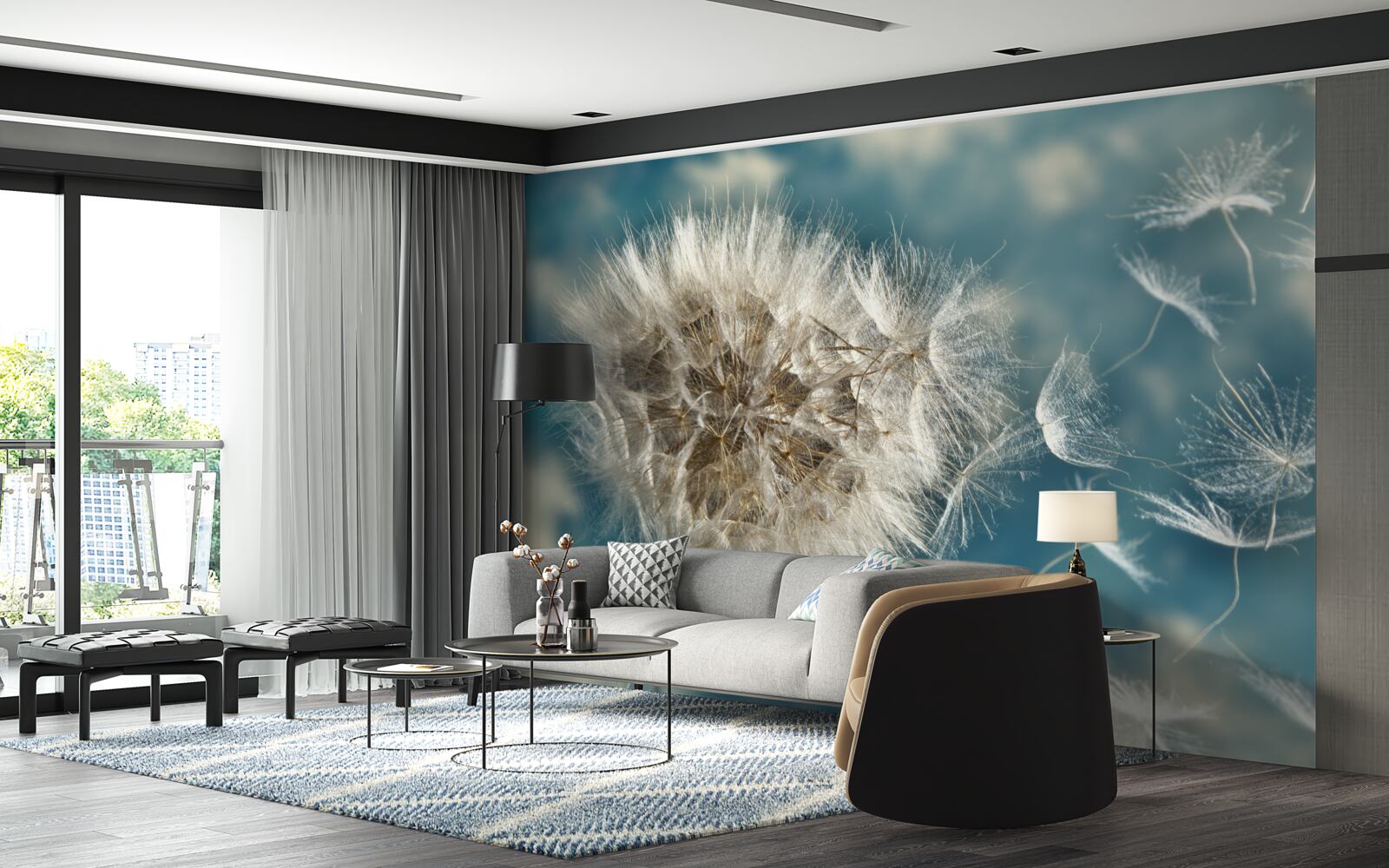 Fototapet zbor de semințe de păpădie plutind în aer