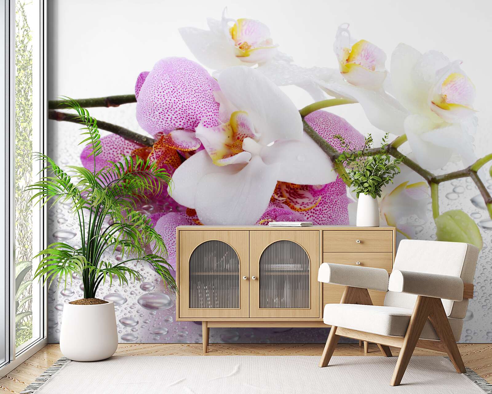 Fototapet picături de rouă pe ramuri de orhidee albe și liliachii