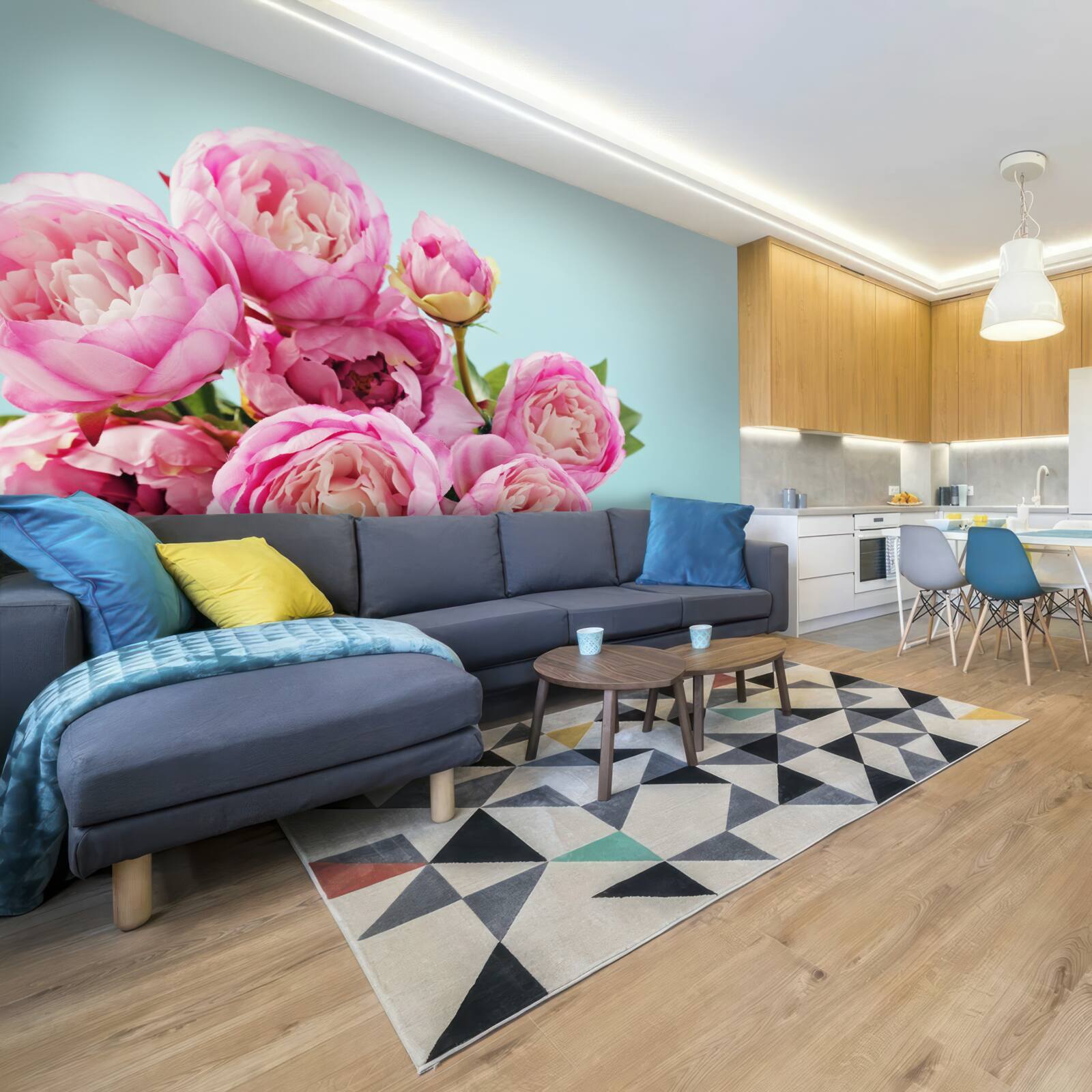 Fototapet floare roz ca o bujor pe un fundal albastru