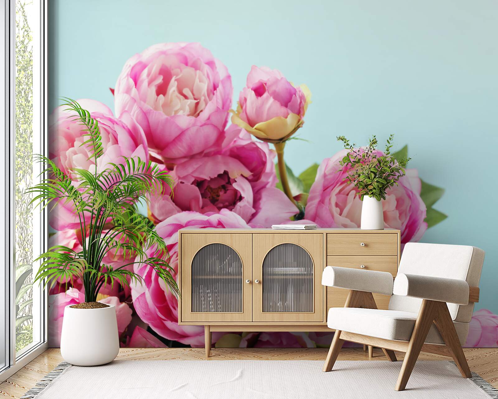 Fototapet floare roz ca o bujor pe un fundal albastru