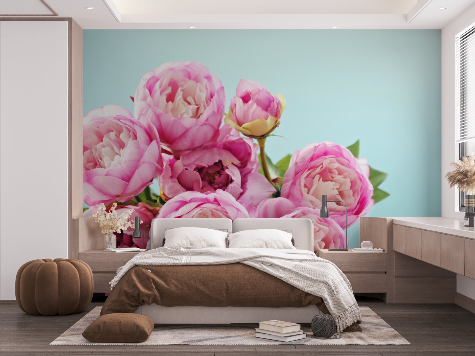 Fototapet floare roz ca o bujor pe un fundal albastru