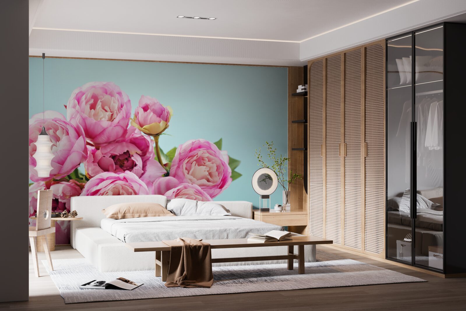 Fototapet floare roz ca o bujor pe un fundal albastru