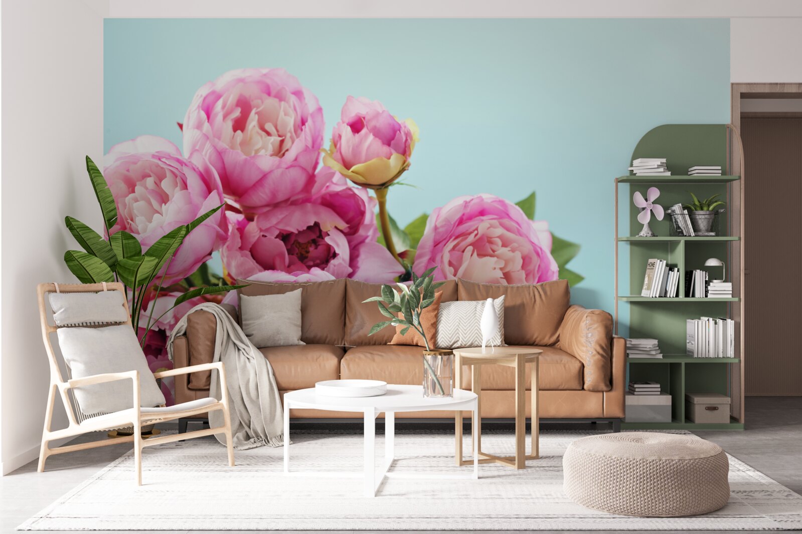 Fototapet floare roz ca o bujor pe un fundal albastru