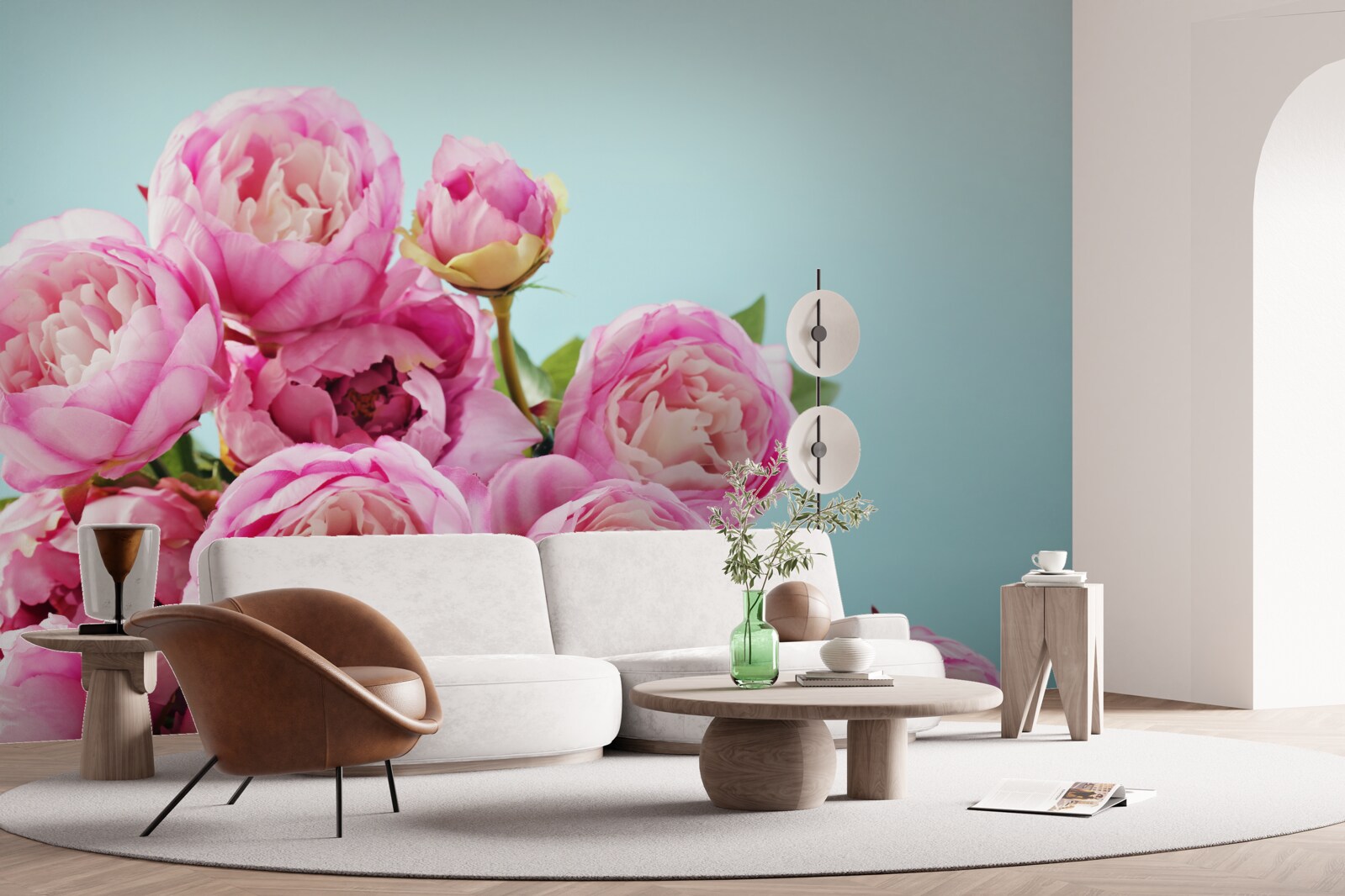 Fototapet floare roz ca o bujor pe un fundal albastru